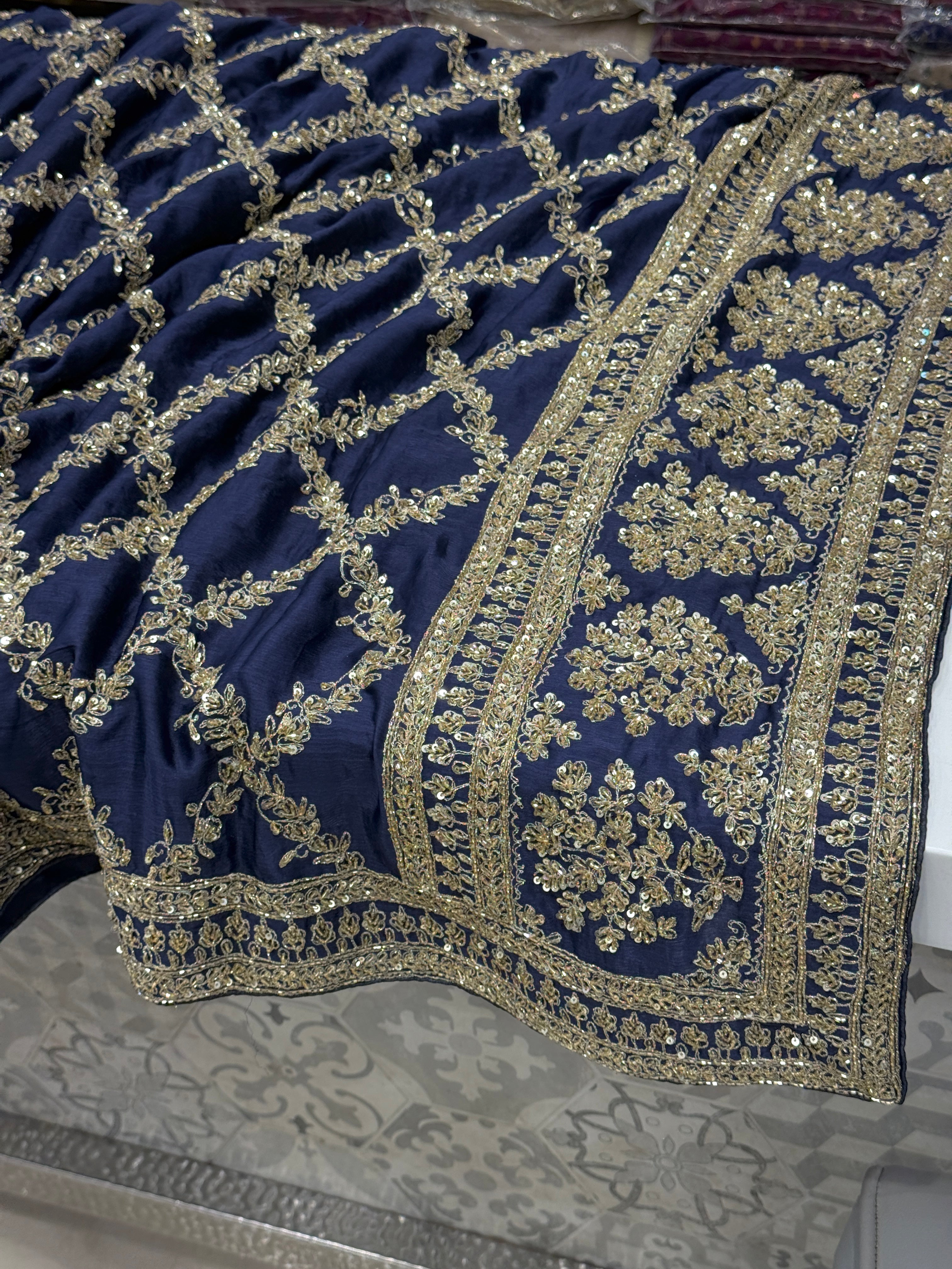 Blue Crepe Satin Sabyasachi Inspired Zardosi Jaal Embroidery Saree