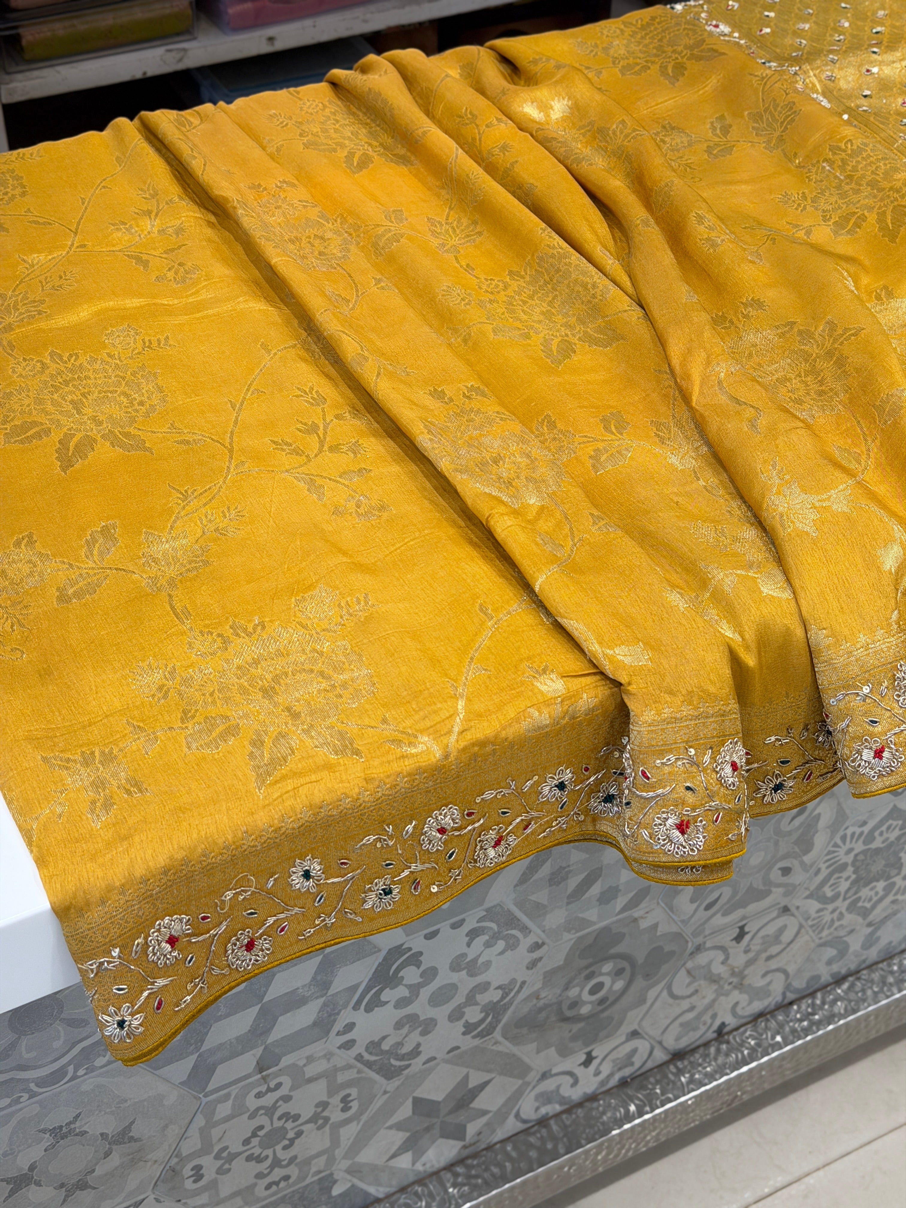 Mustard Yellow Banarasi Munga Zardosi Resham Hand Embroidery Saree
