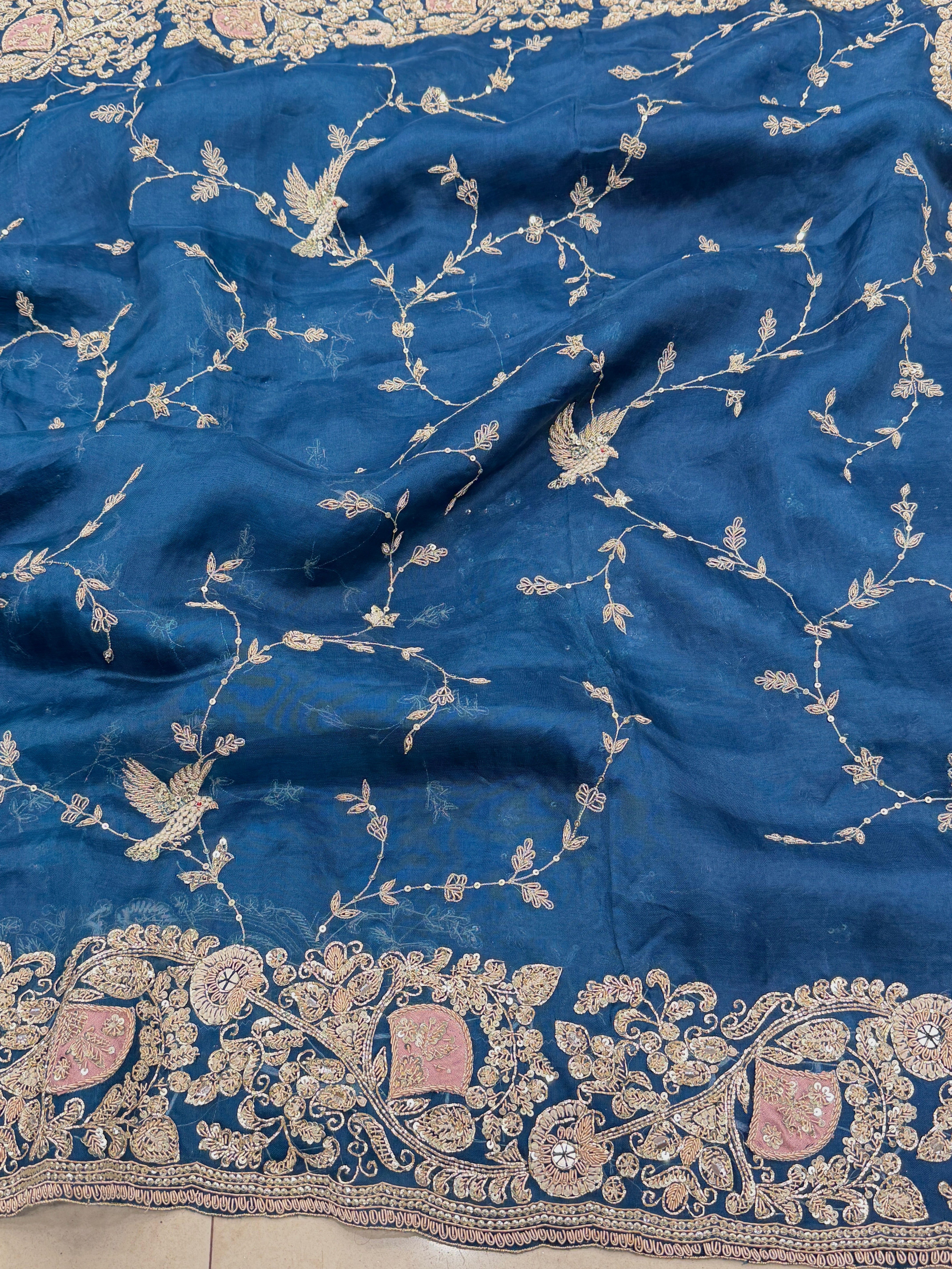 Petrol Blue Patch Work Zardosi Hand Embroidery Saree