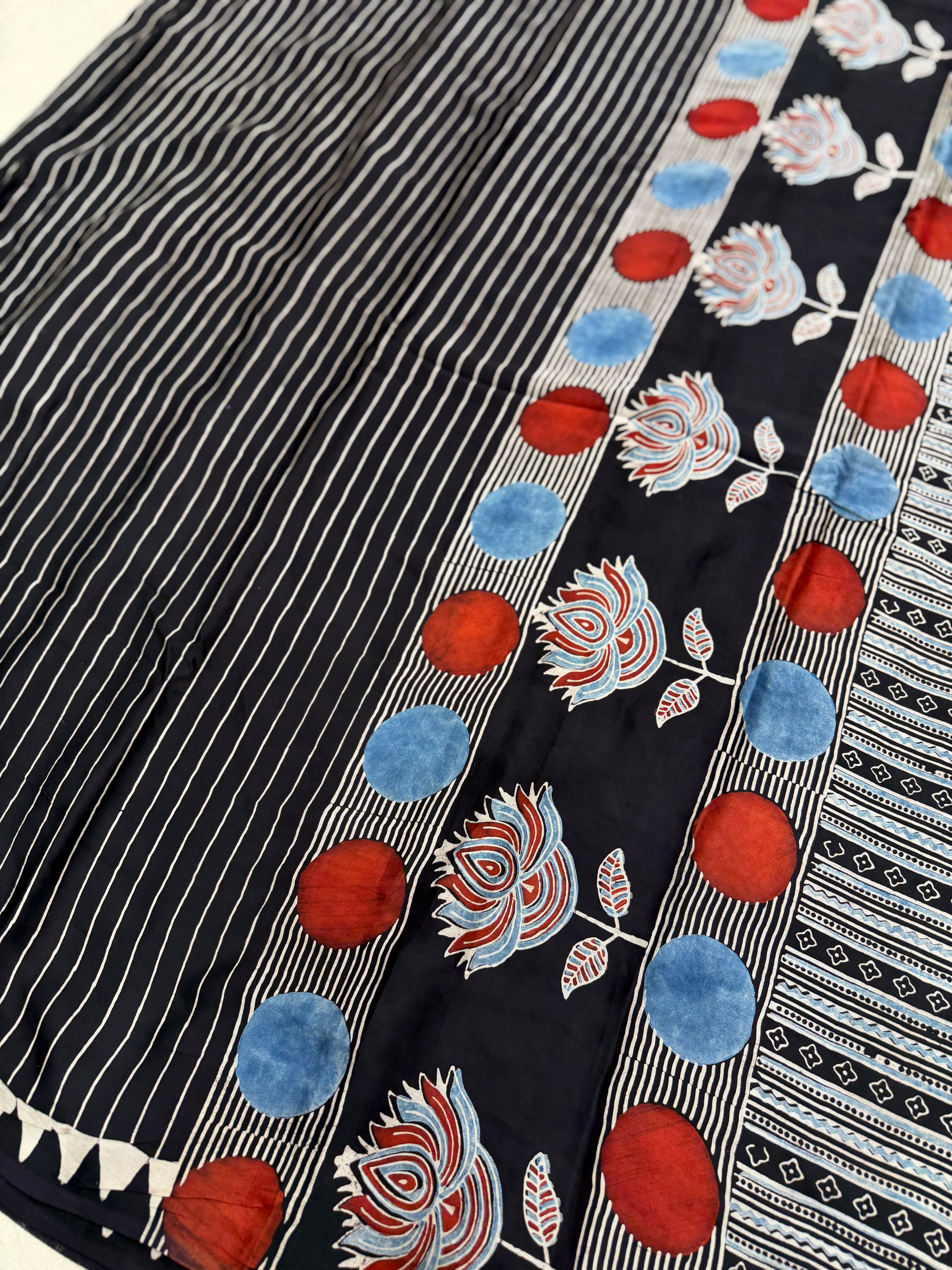 Black Contemporary Floral Pallu Ajrakh Hand Block Print Pure Gajji Silk Saree