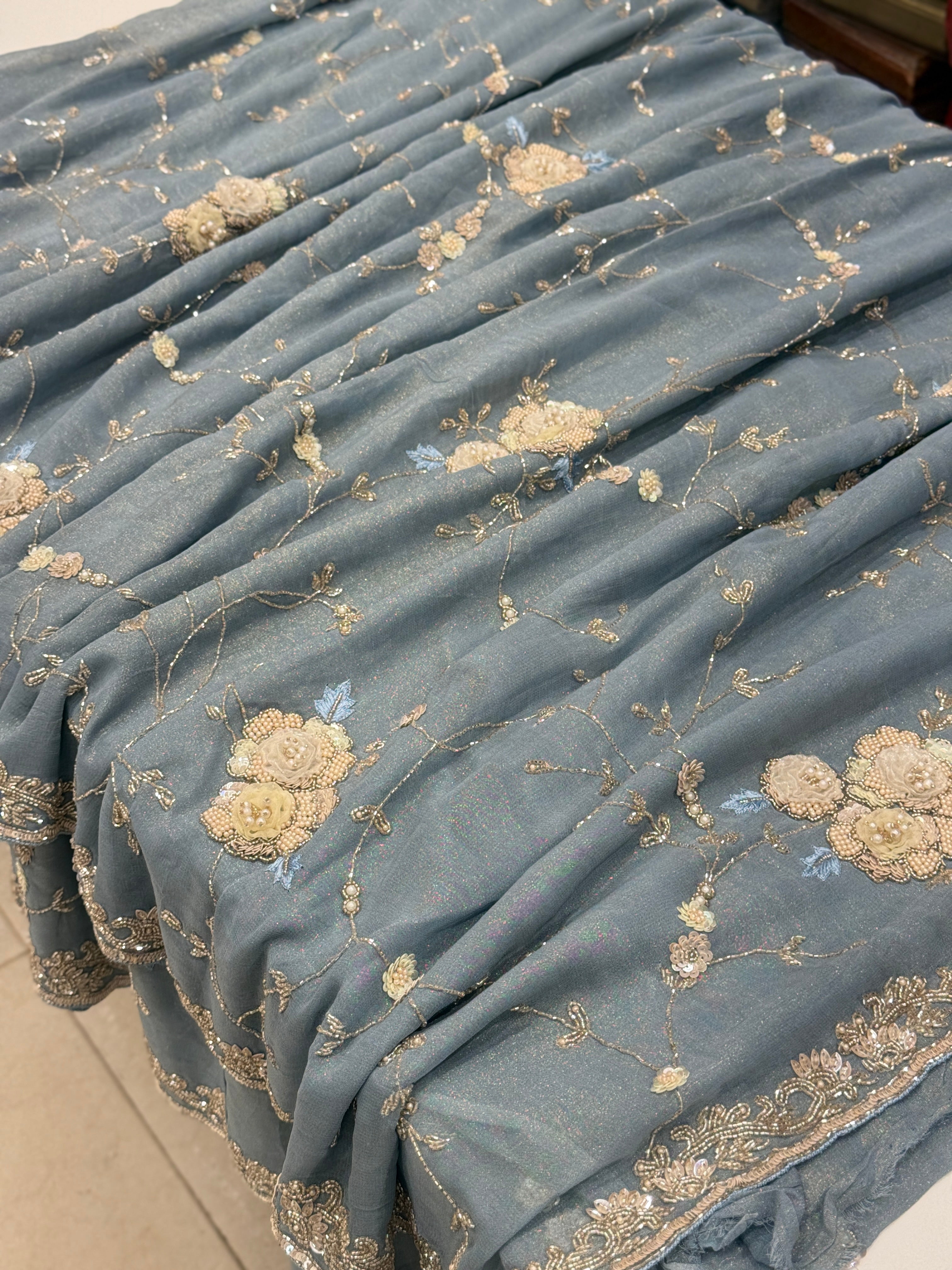 Powder Blue Tissue Chiffon Hand Embroidery Saree