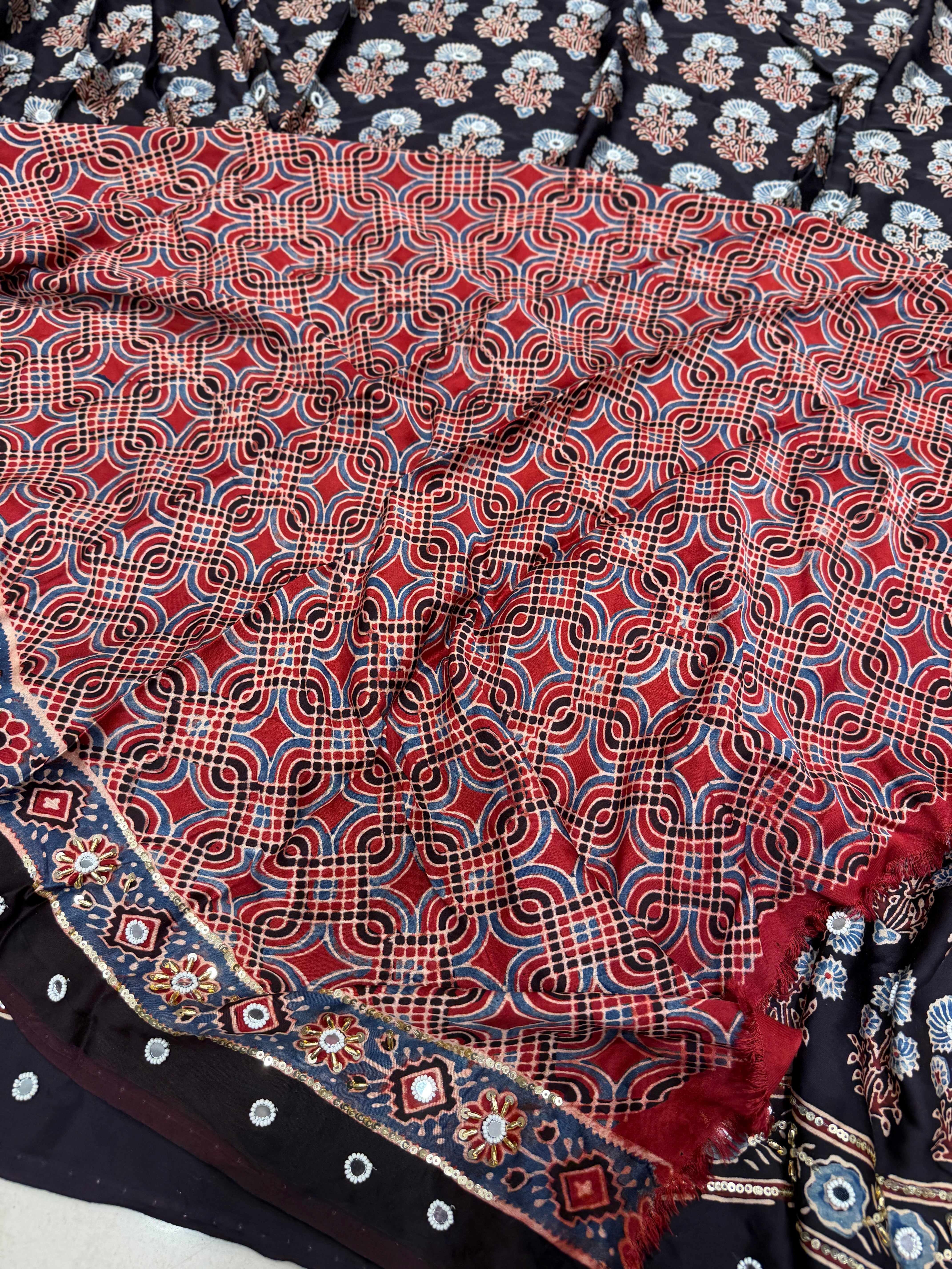 Black Red Three Floral Buttas Ajrakh Real Mirror Moti Sequin Hand Embroidery Saree
