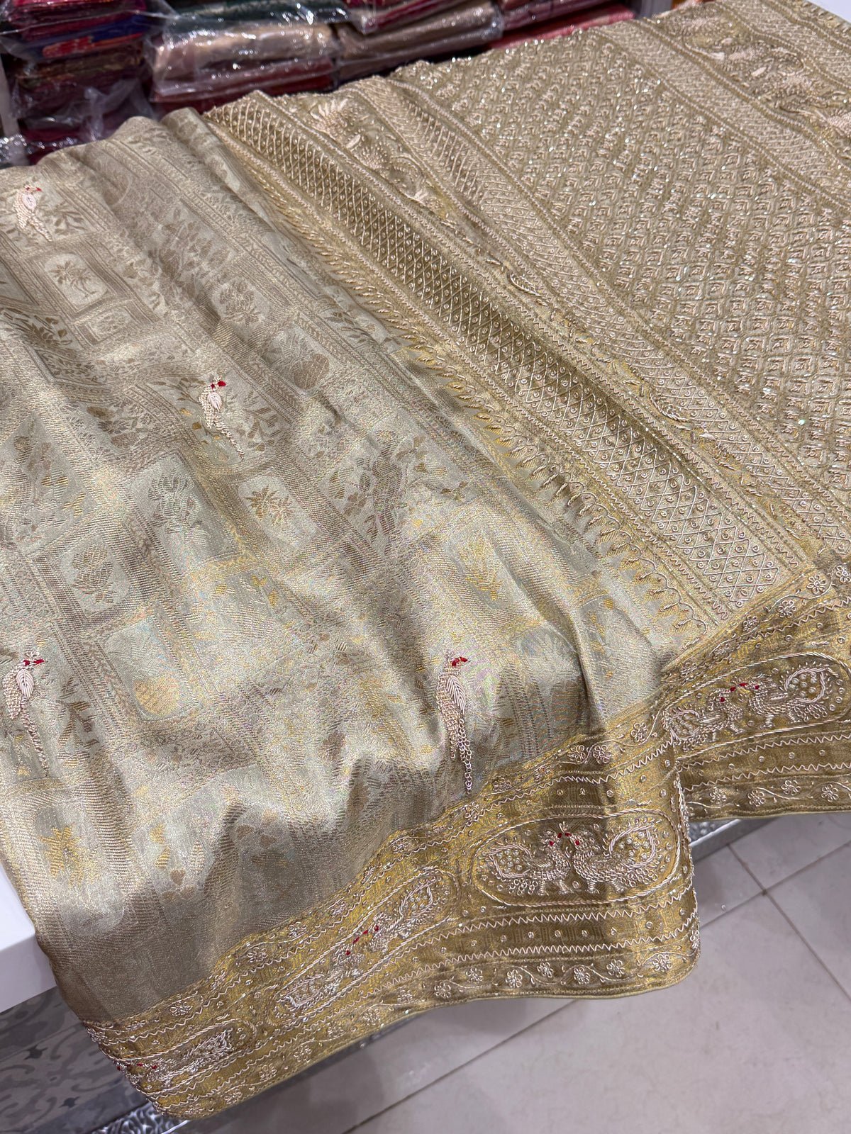 Champagne Green Tissue Kanjivaram Zardosi Peacock Motif Hand Embroidery Saree