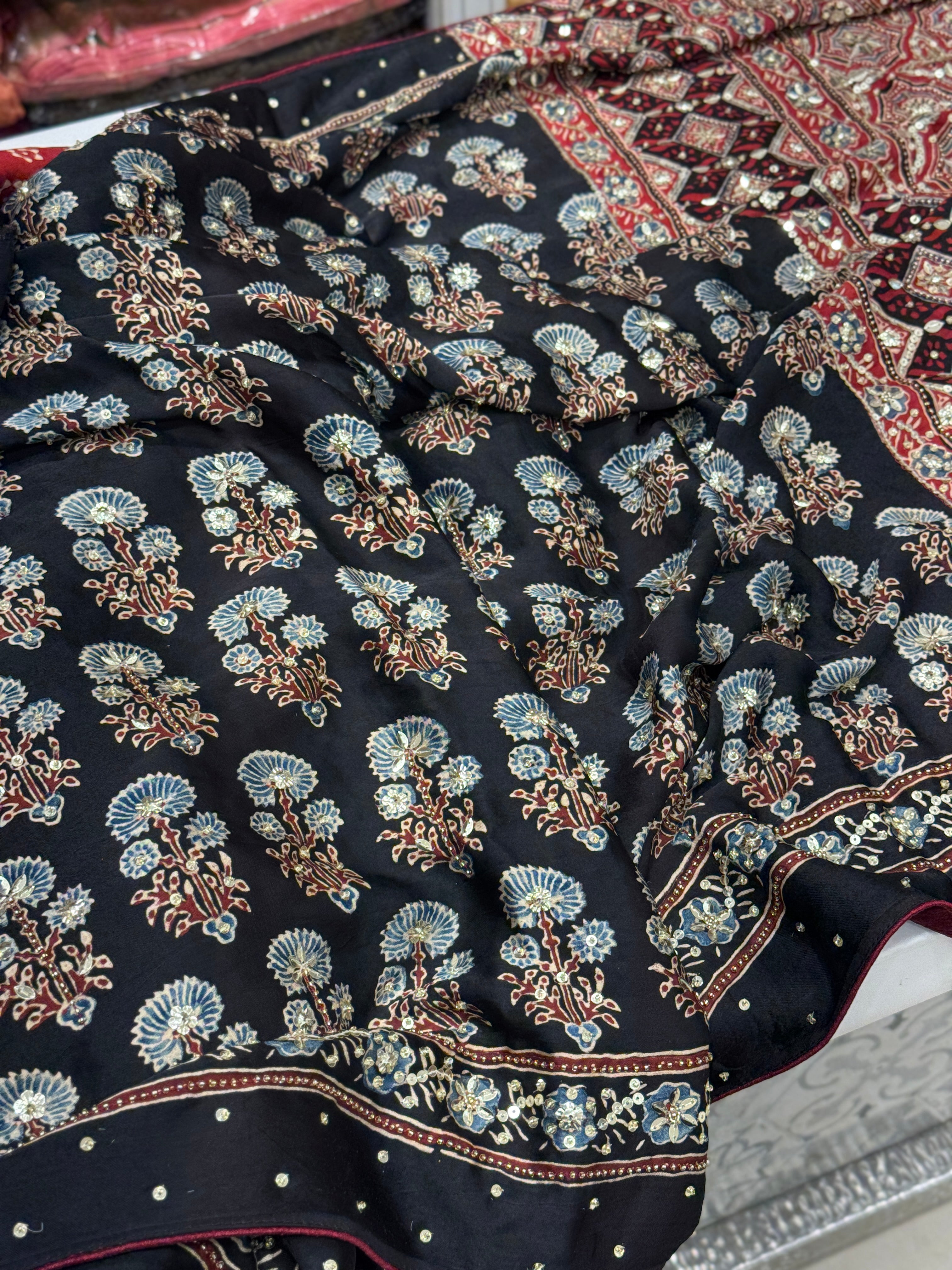 Black Red Ajrakh Buttas Sequins Hand Embroidery Saree