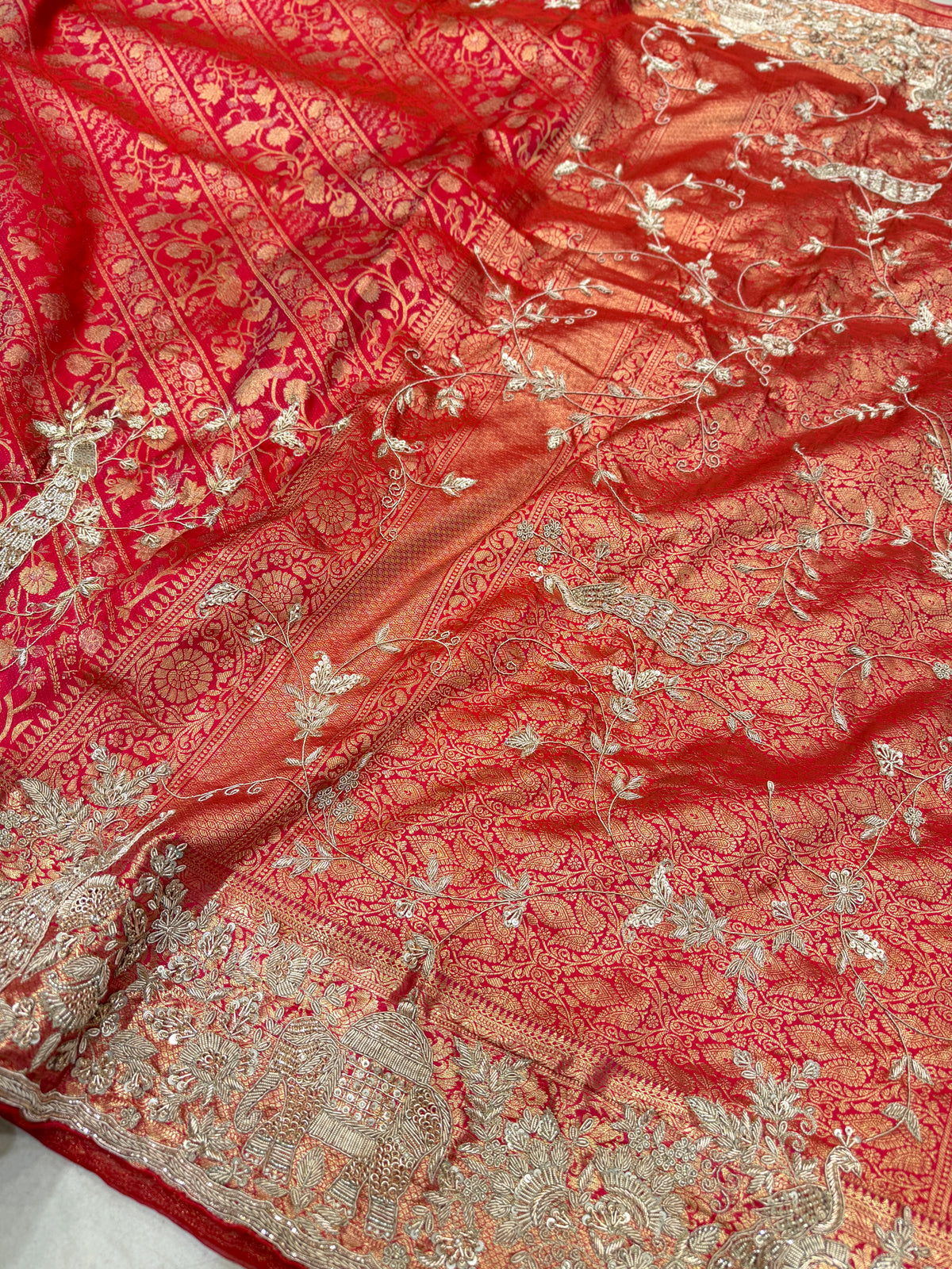 Crimson Red Kanjivaram Doli Edit Zardosi Hand Embroidery Saree