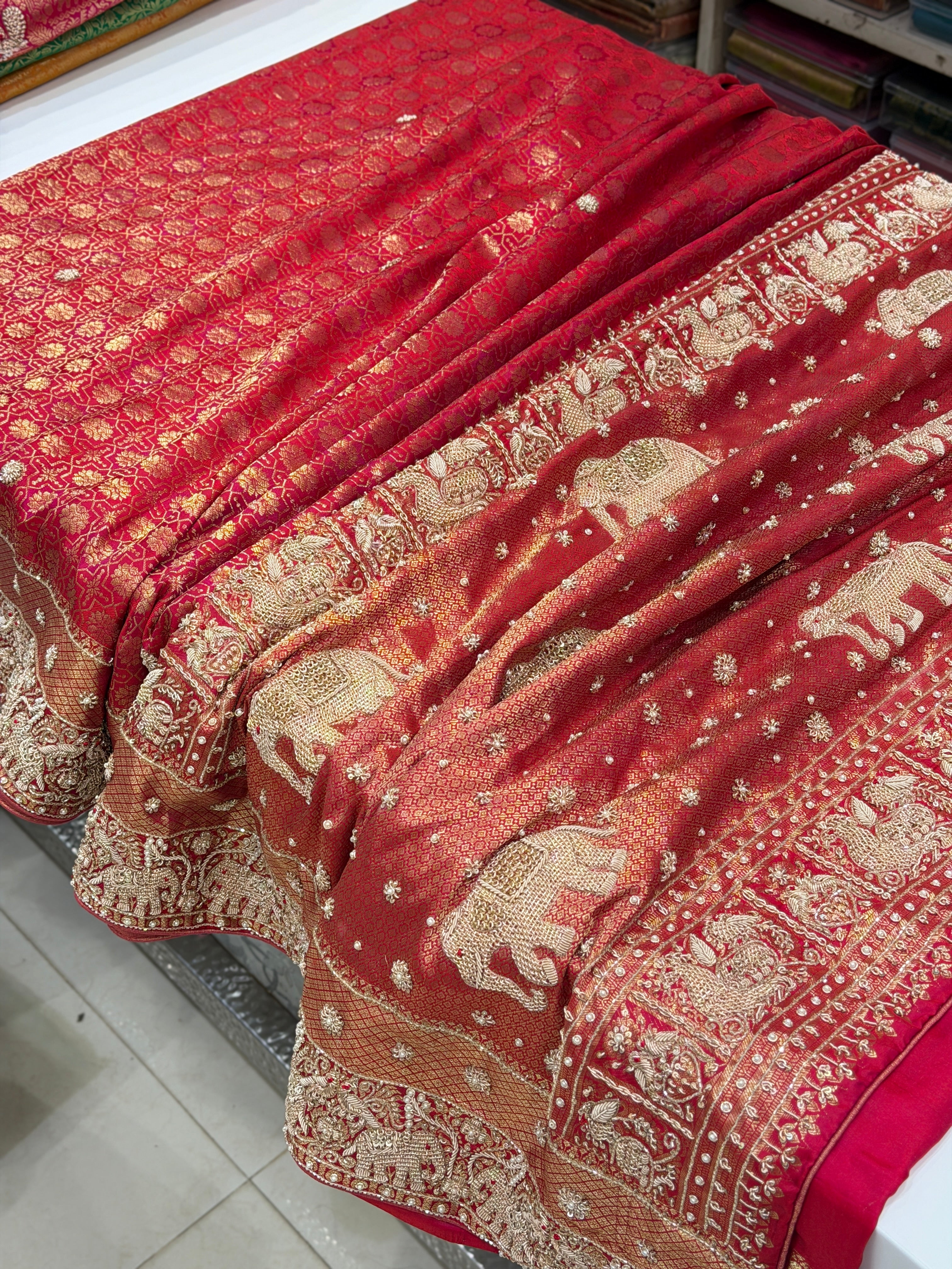 Crimson Kanjivaram Elephant Motifs Zardosi Hand Embroidery Saree