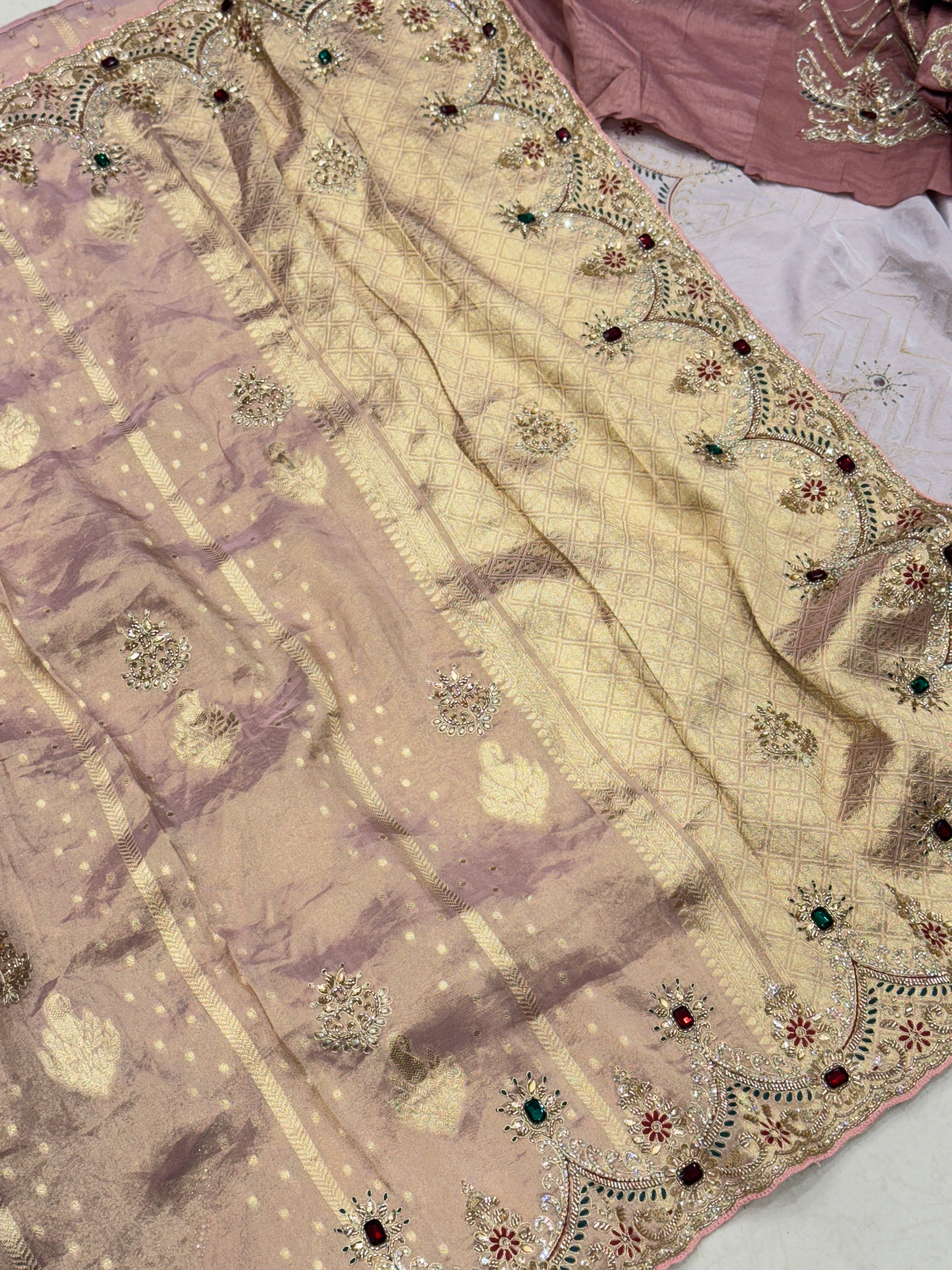 Pink Weaved Golden Silver Soft Tissue Pita Crystal Scallop Embroidery Saree