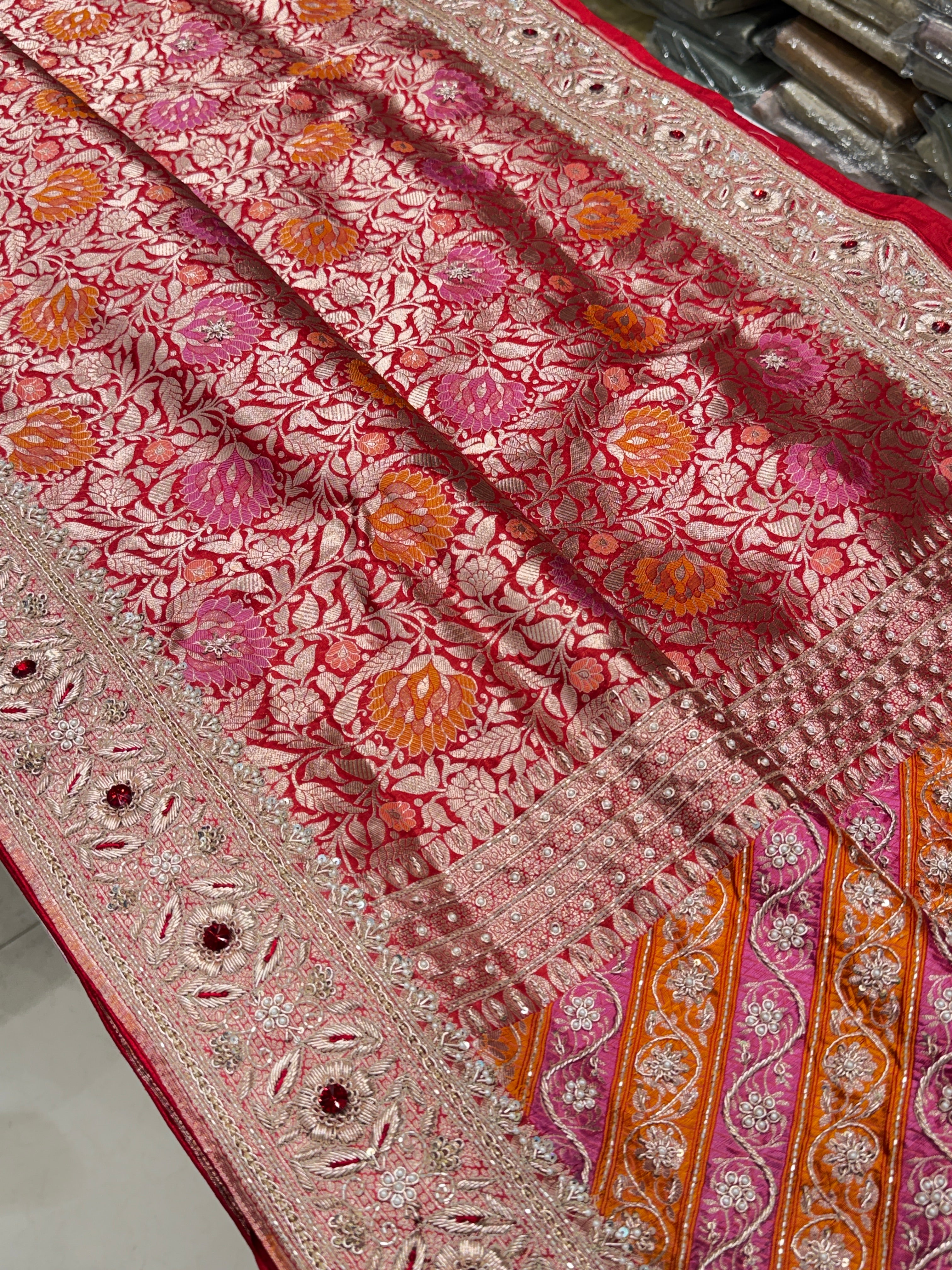 Meenakari Banarasi Katan Zardodi Hand Embroidery Crystal Saree