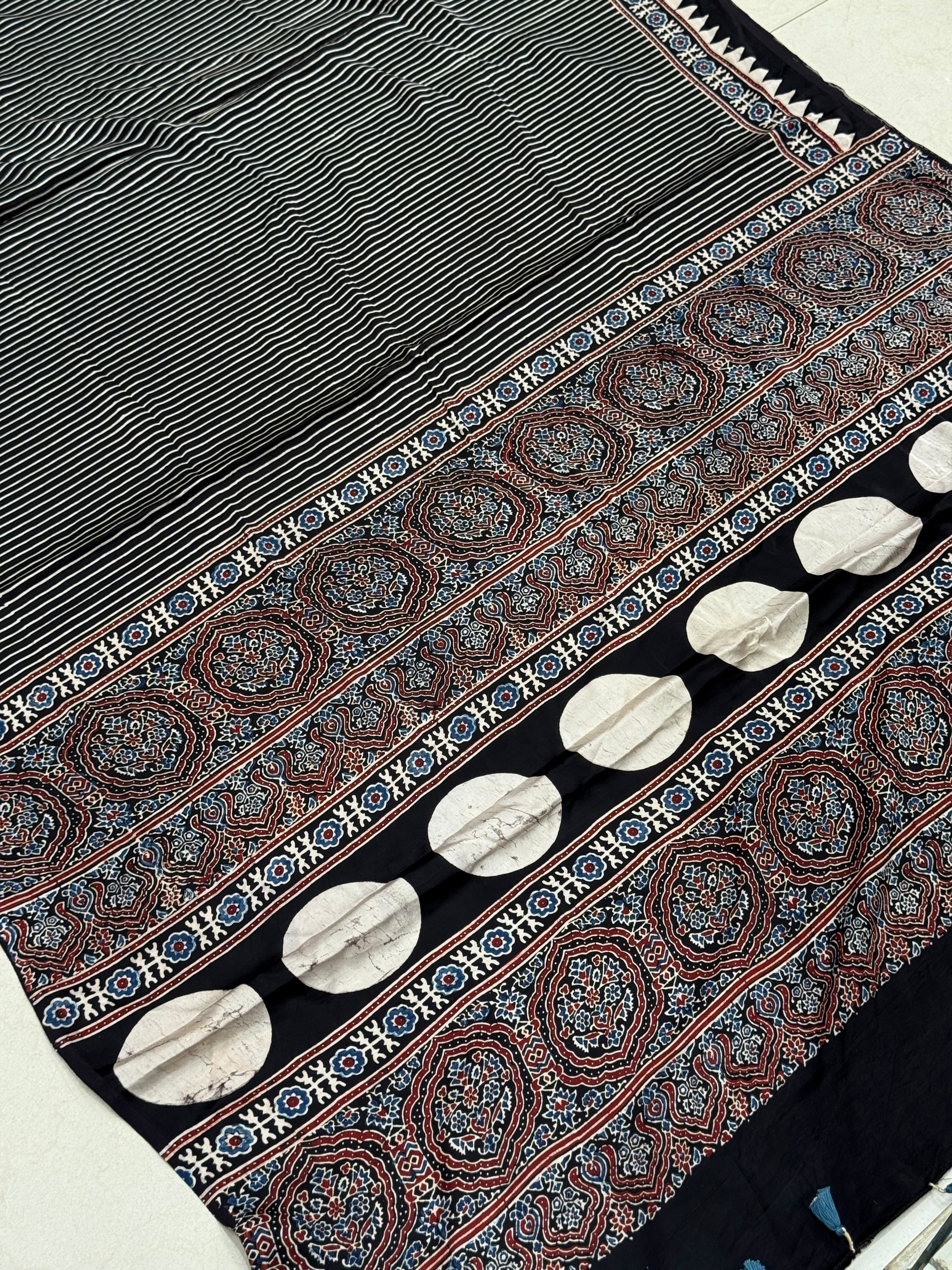 Black Contemporary Box Pallu Ajrakh Block Print Hand Pure Gajji Silk Saree