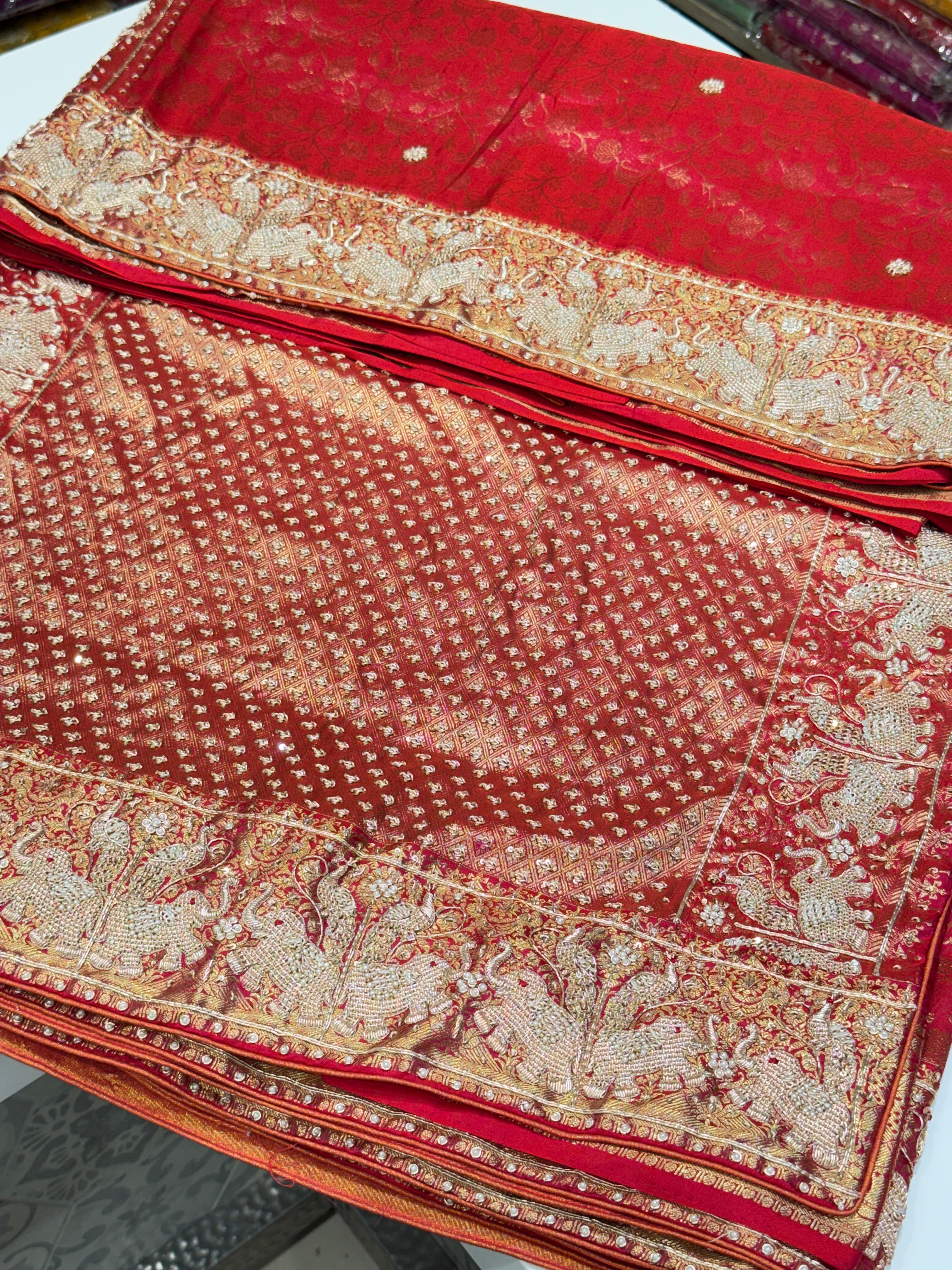 Crimson Red Pure Silk Kanjivaram Elephant Motif Hand Embroidery Saree
