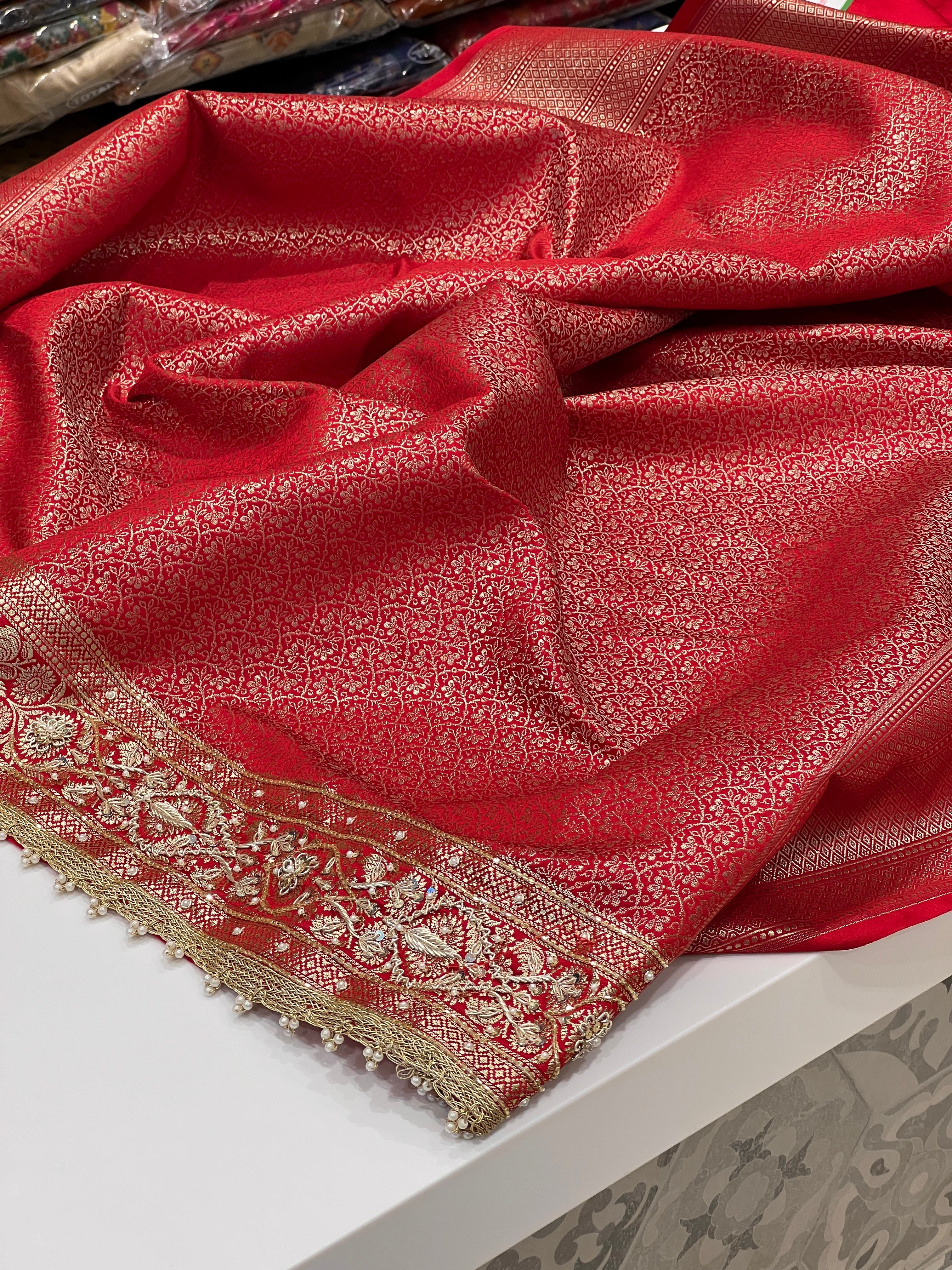 Red Banarasi Silk Flower Border Zardosi Hand Embroidery Saree