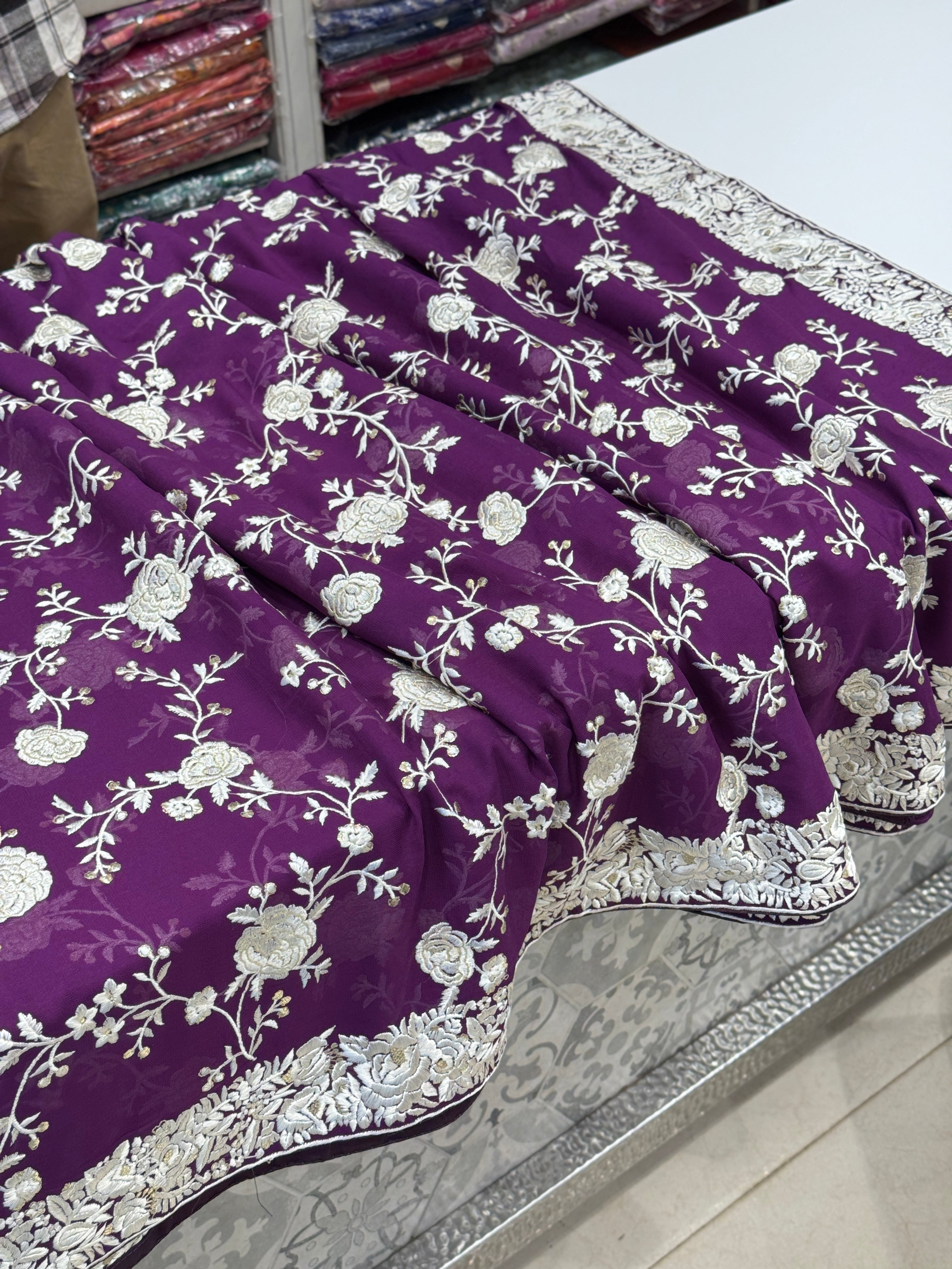 Violet Floral Parsi Gara Jaal Saree