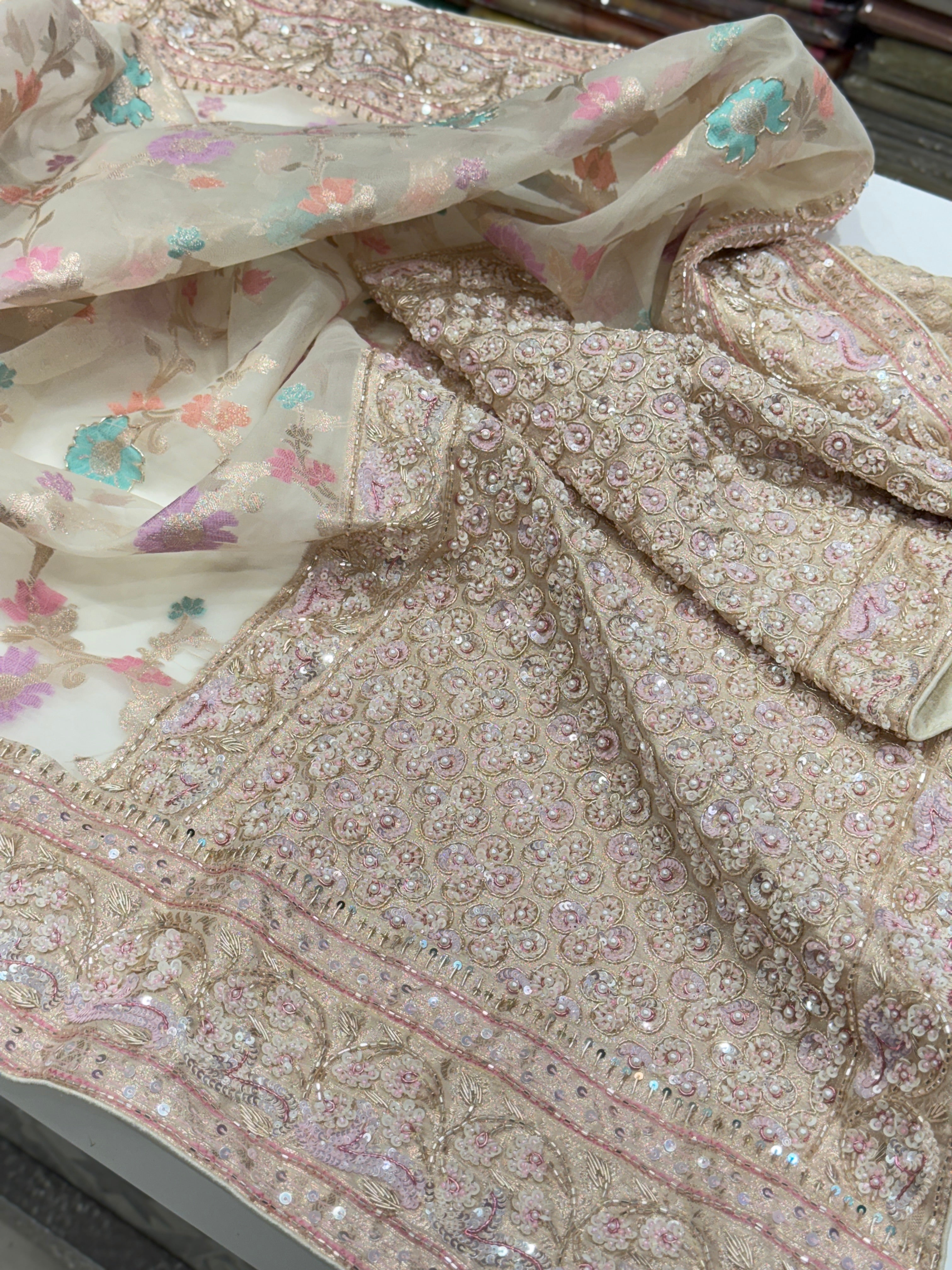 Beige Meenakari Banarasi Kora Sequin Zardosi Hand Embroidery Saree