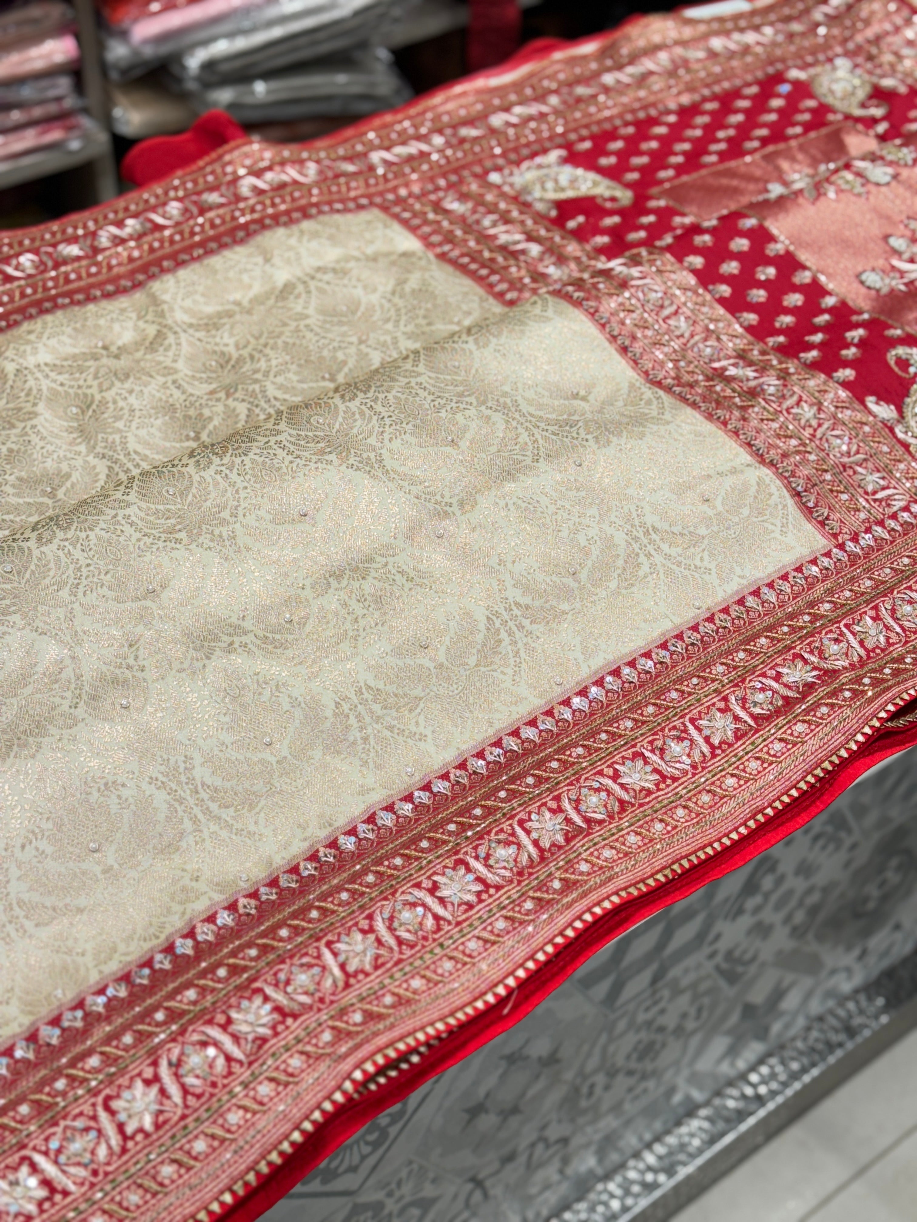 Moti White x Red Banarasi Hand Embroidery Saree