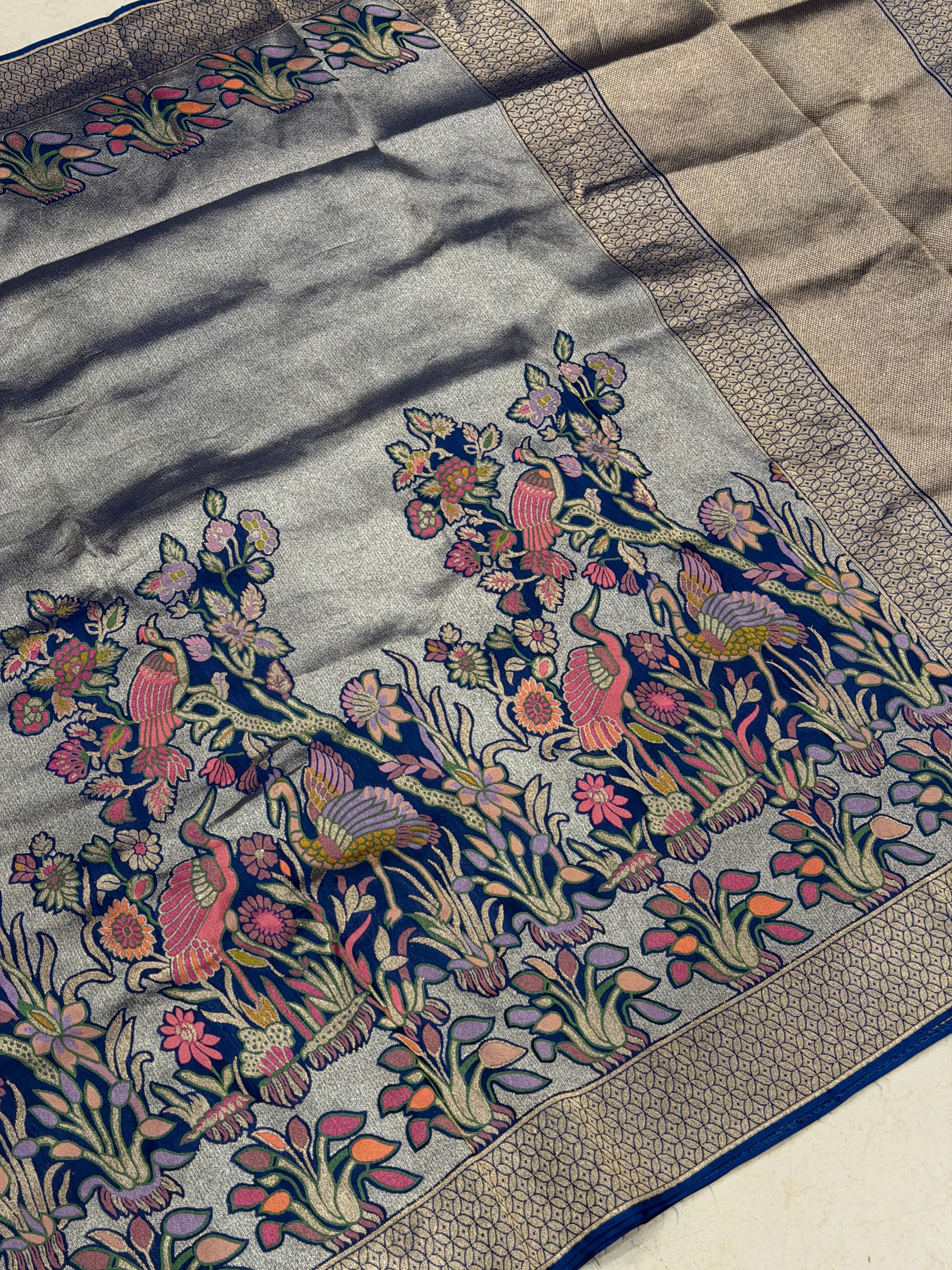 Blue Parsi Gara Weaved Munga Tissue Saree