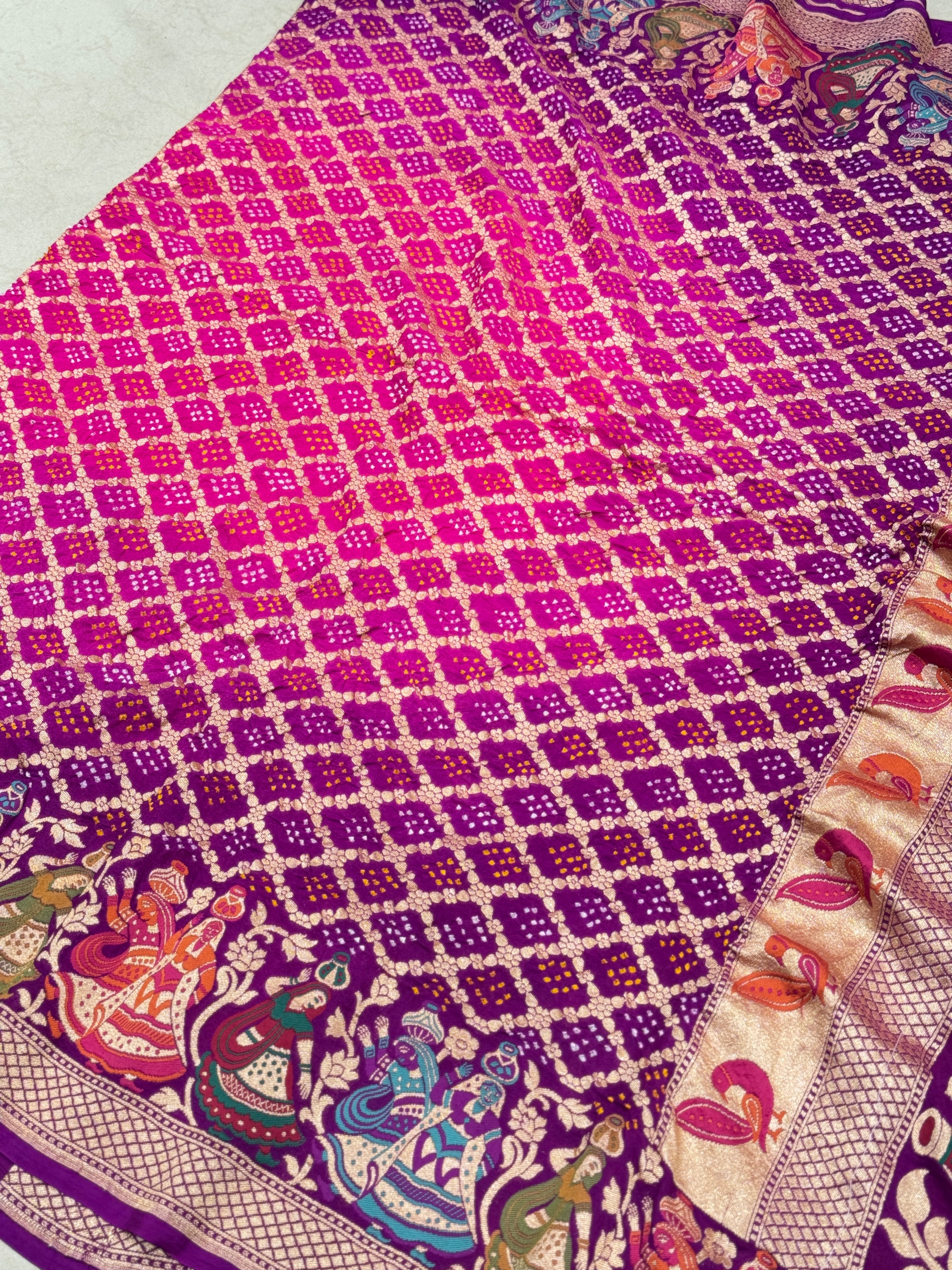 Rani Magenta Shaded Meenakari Rai Bandhej Saree