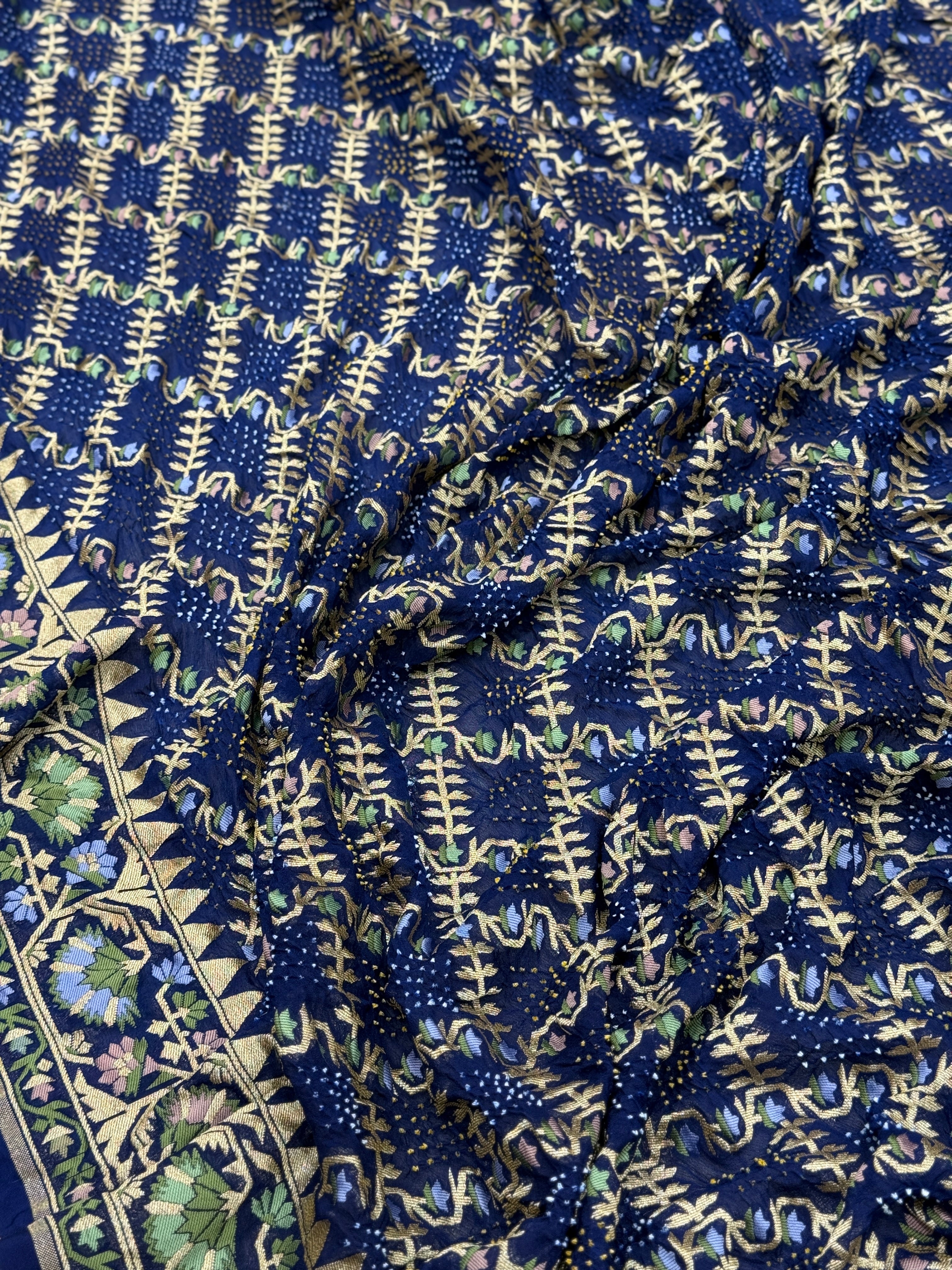 Blue Meenakari Rai Bandhej Floral Border Saree