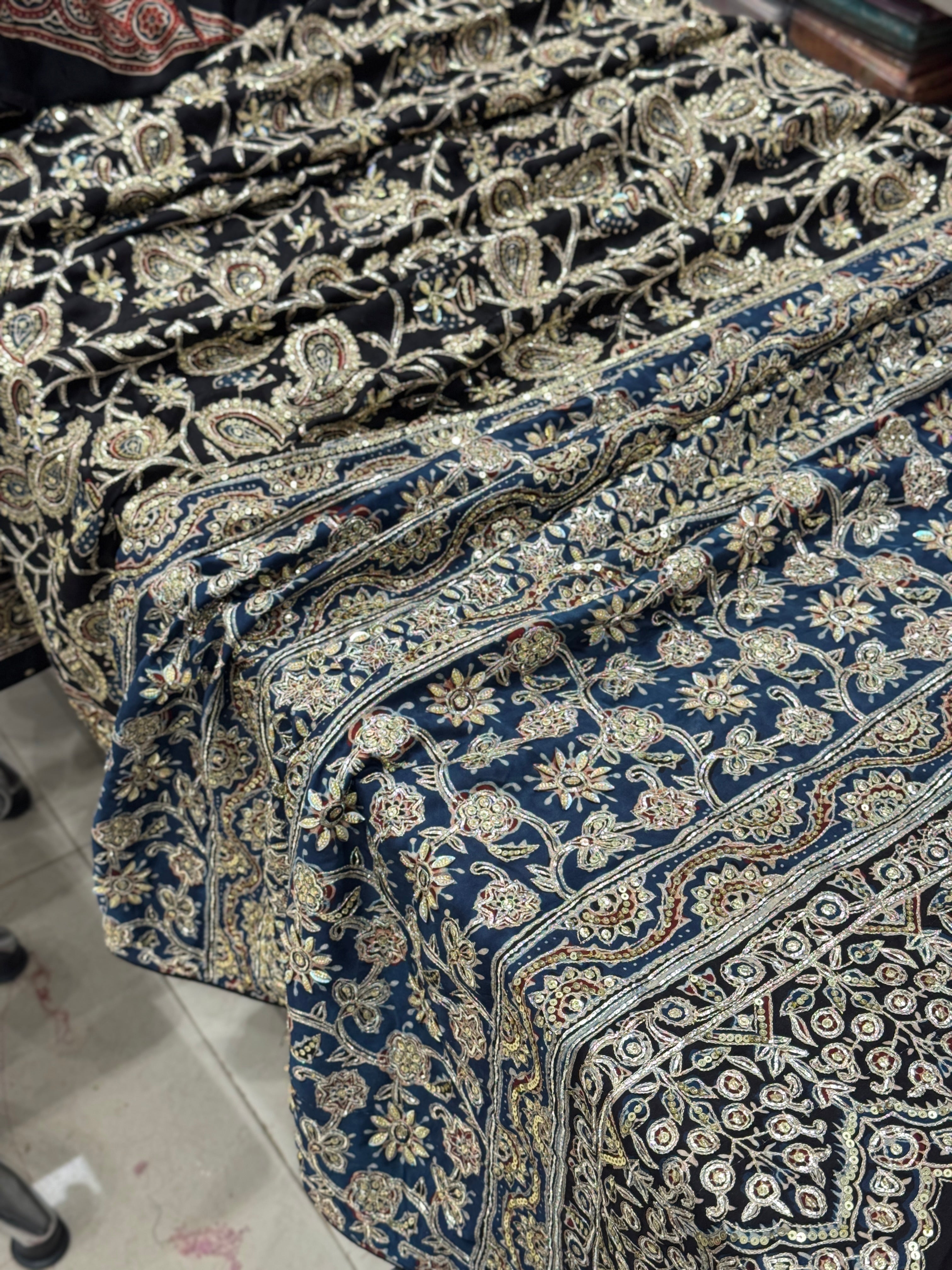 Black Blue Pallu Ajrakh Badam Jaal Hand Embroidery Zardosi and Pita Work