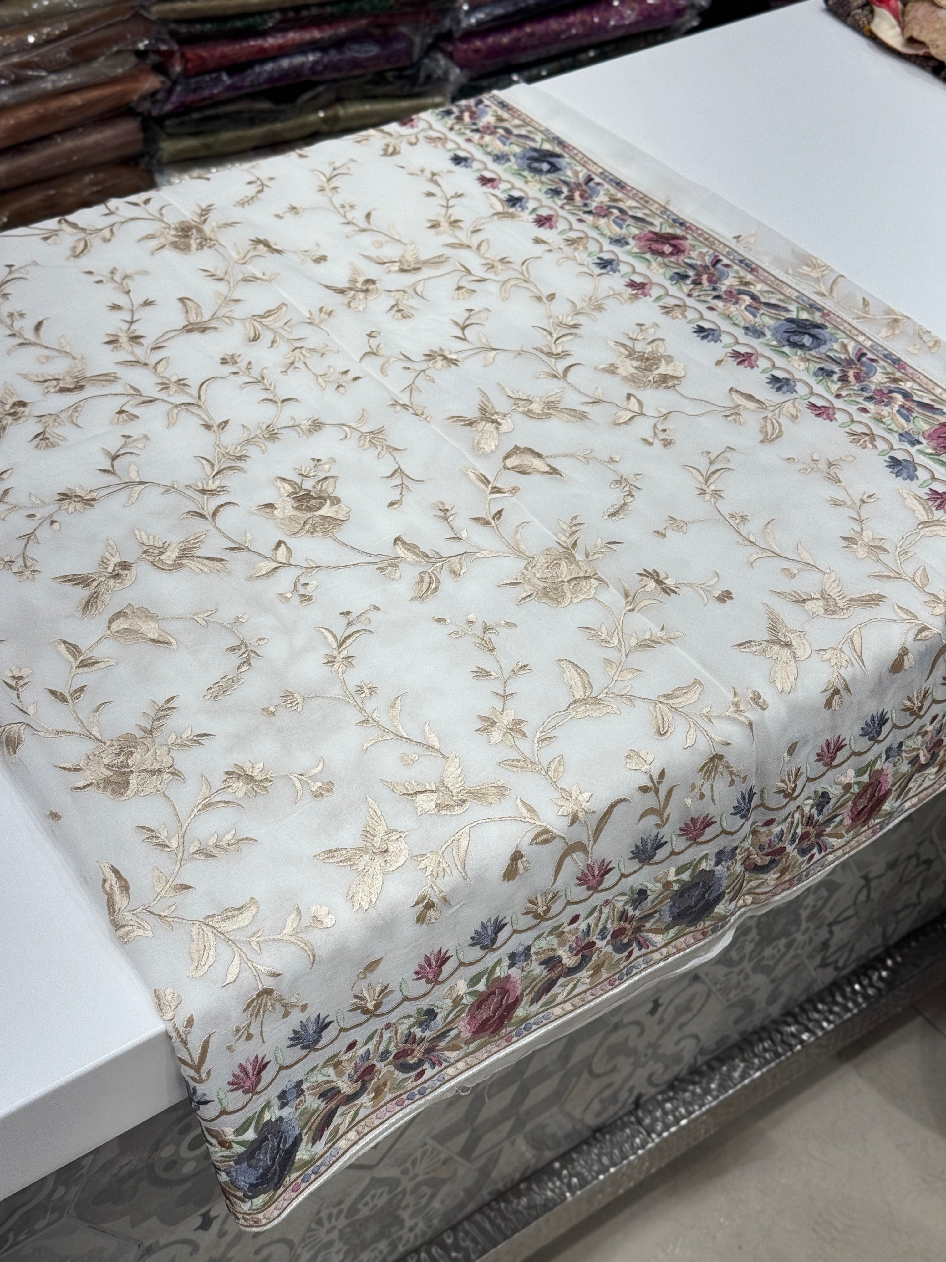 White Georgette Multi Colour Jaal Parsi Gara Saree