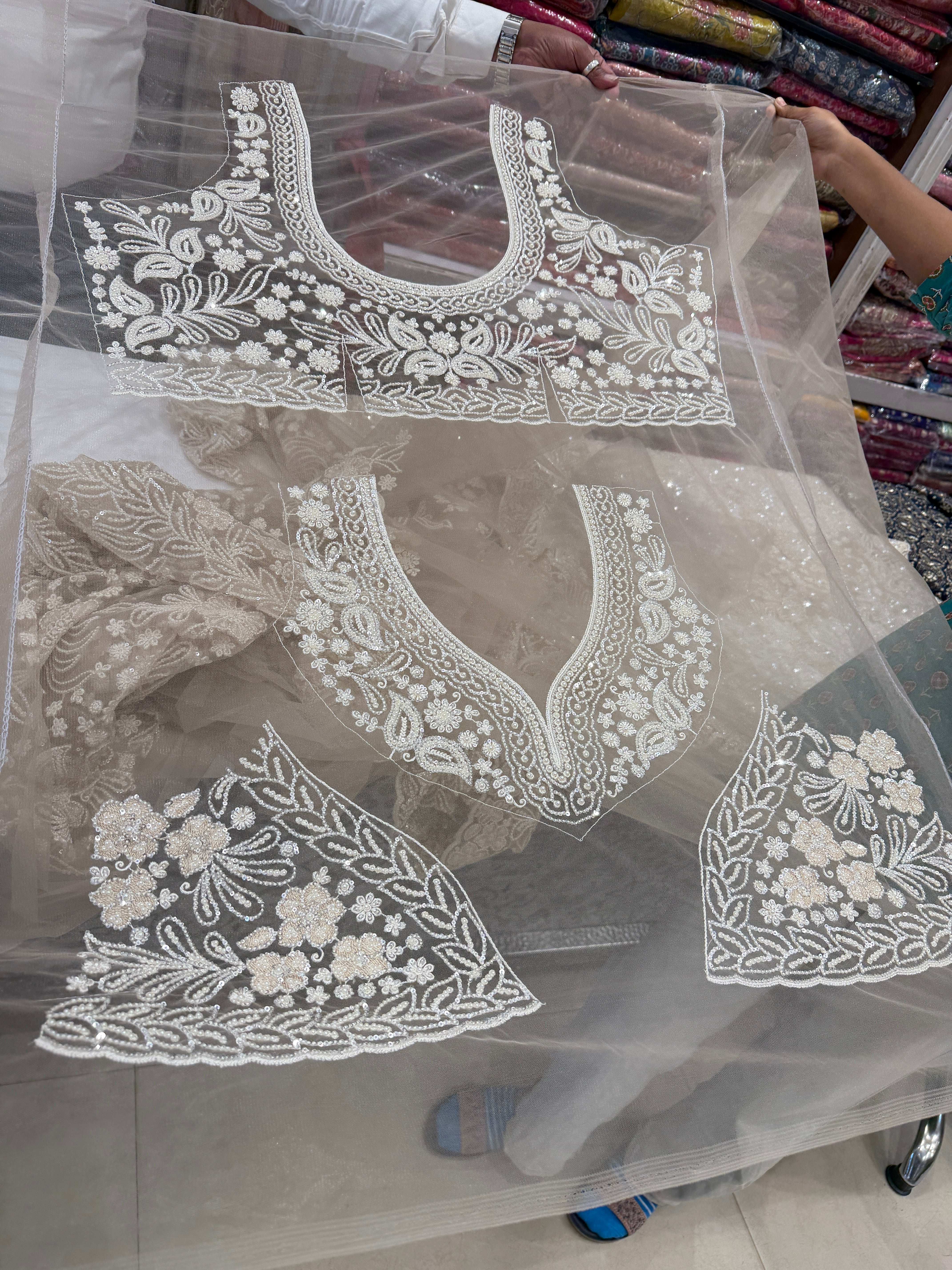 Beige Resham Moti Jaal Net Embroidery Saree Heavy Blouse