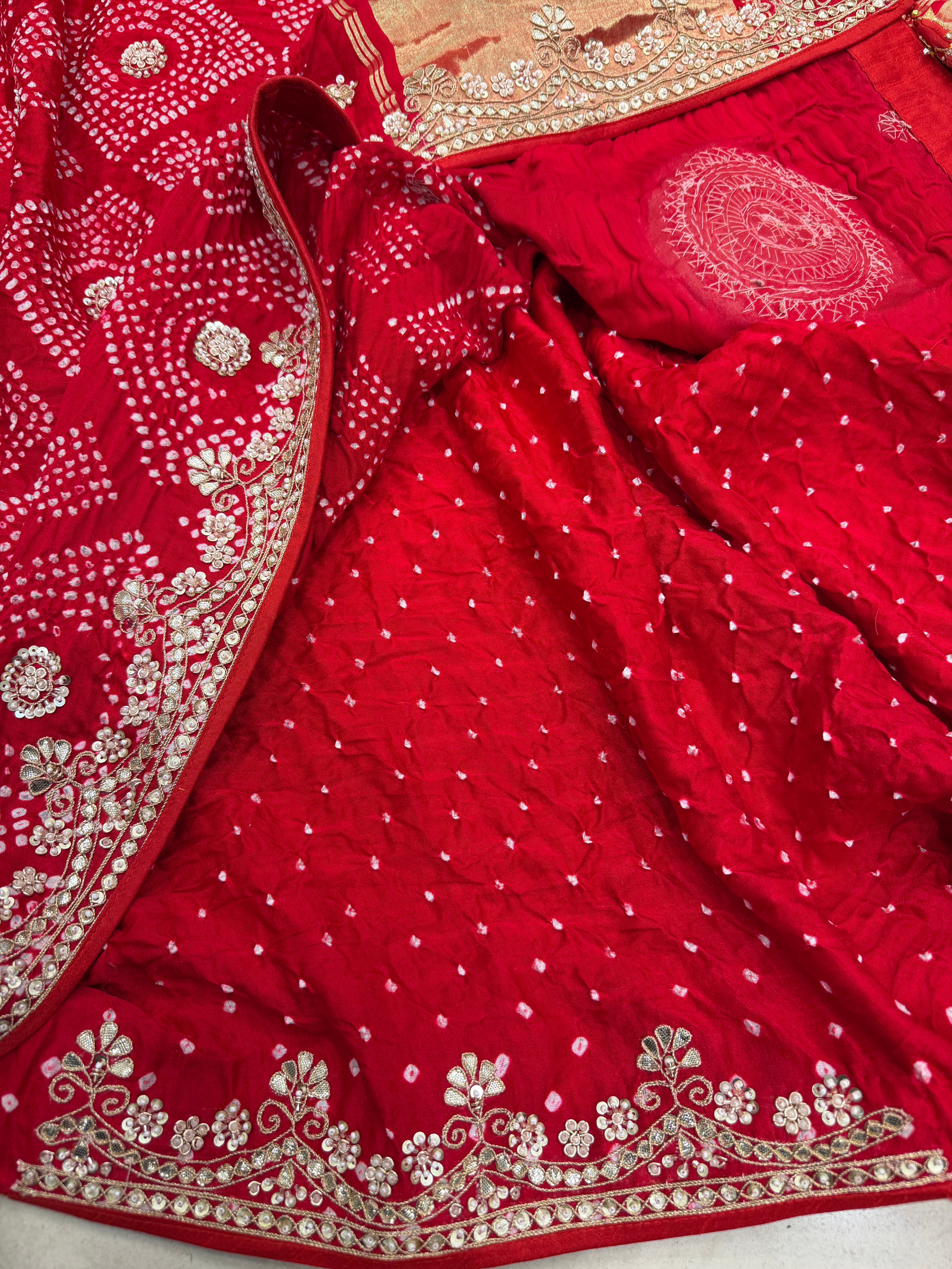 Red Gajji Silk Bandhej Hand Done Gotapatti Saree