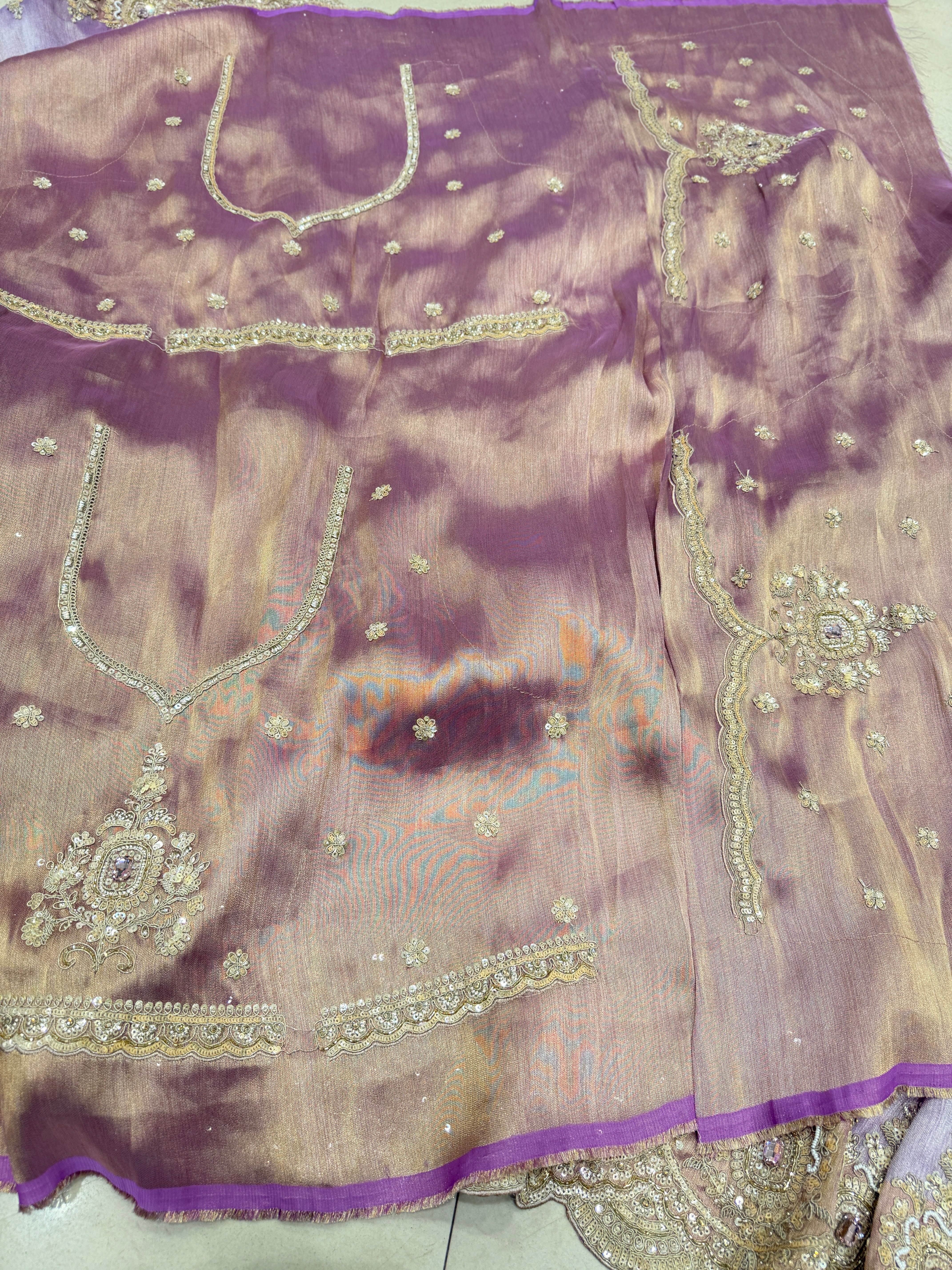 Lilac Golden Silver Soft Tissue Moti Crystal Embroidery Saree