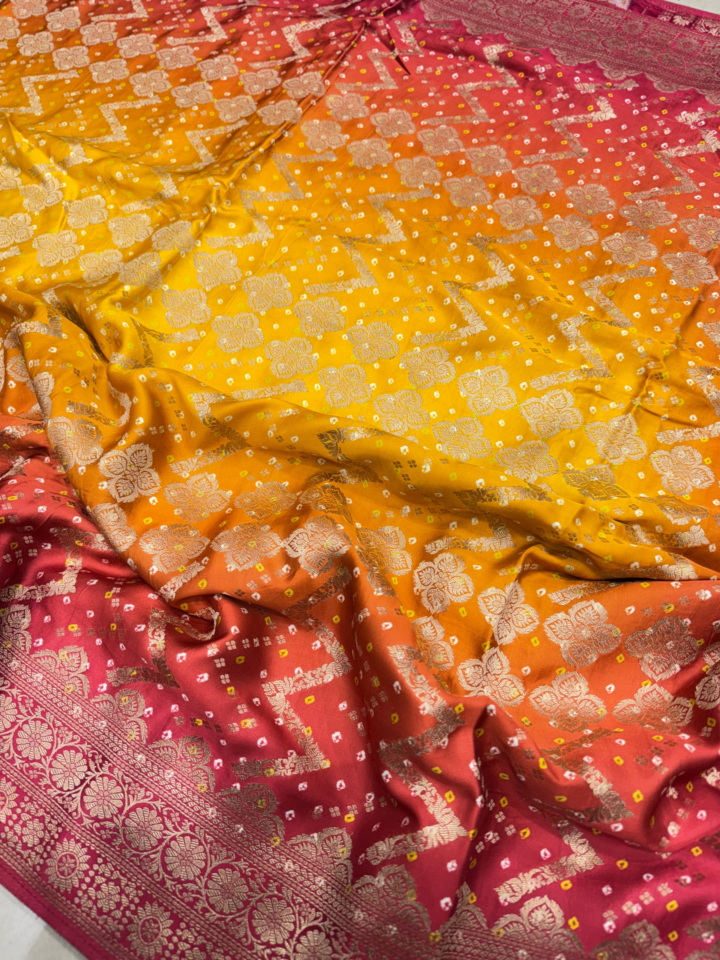 Shaded Yellow Orange Bandhej Style Modal Satin Saree