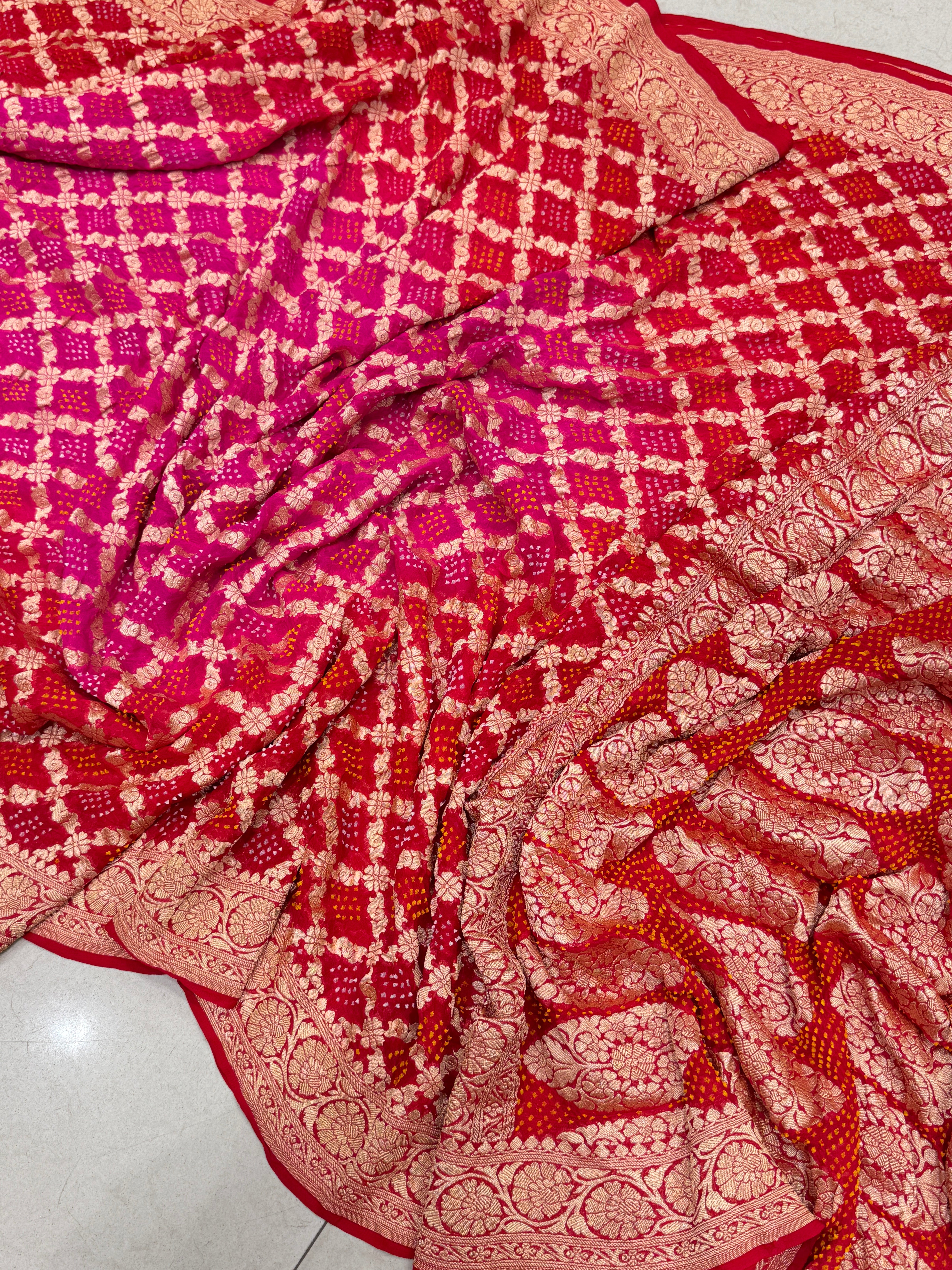 Red Rani Shaded Bandhej Bandhini Saree