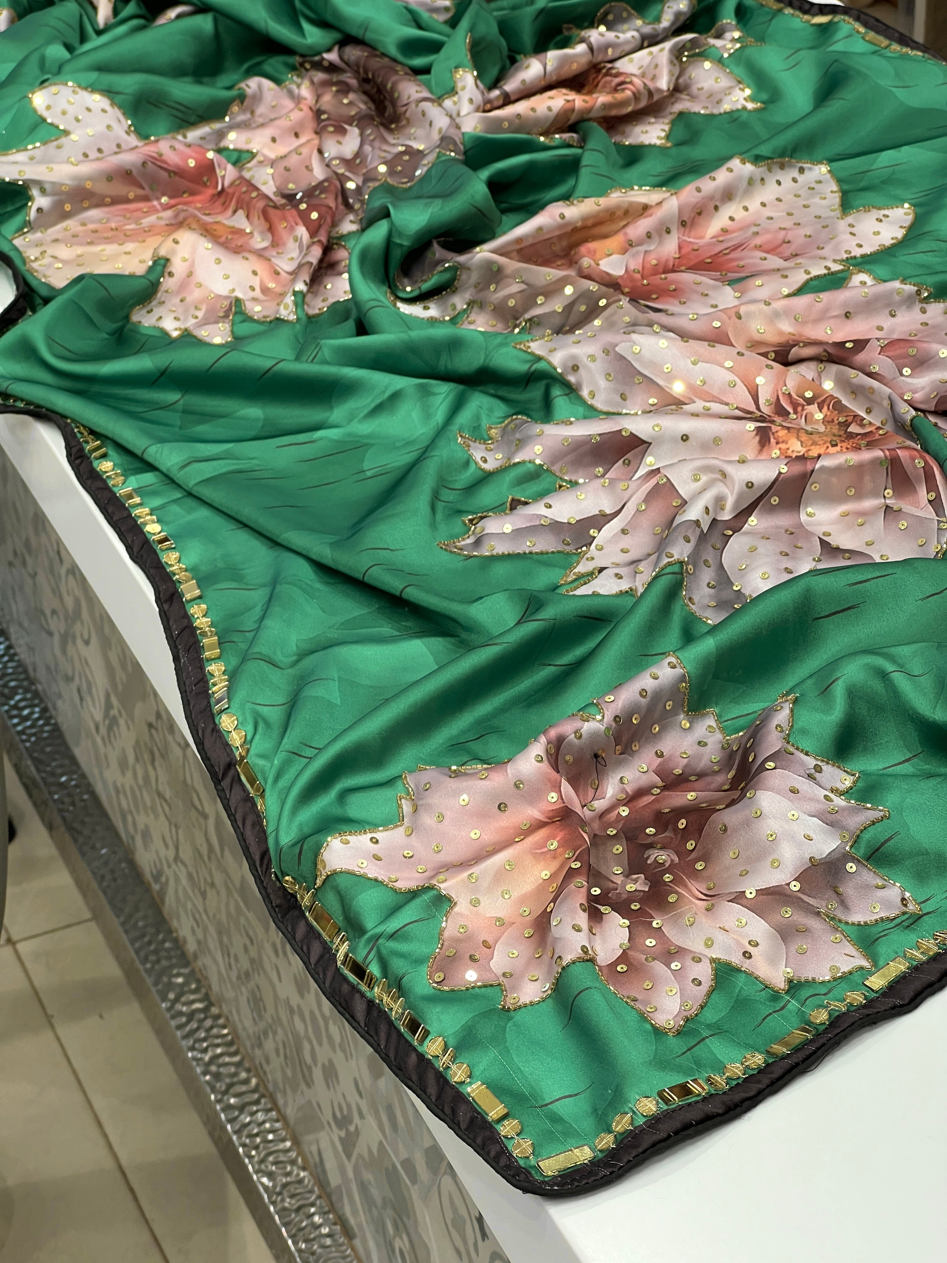 Green Satin Hand Embroidery Saree