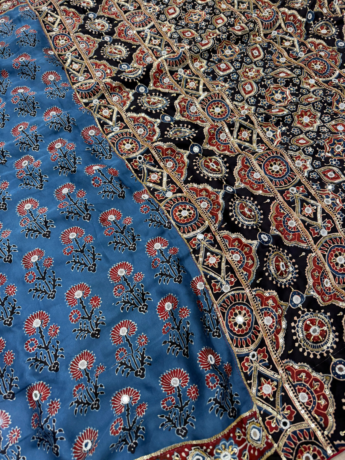 Blue Black Butta Ajrakh Real Mirror Moti Sequin Hand Embroidery Saree