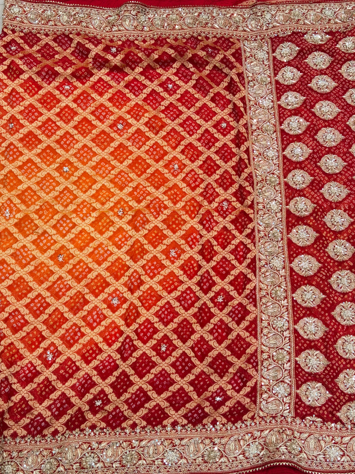 Red Orange Shaded Bandhej Georgette Saree Zardosi Hand Embroidery Saree
