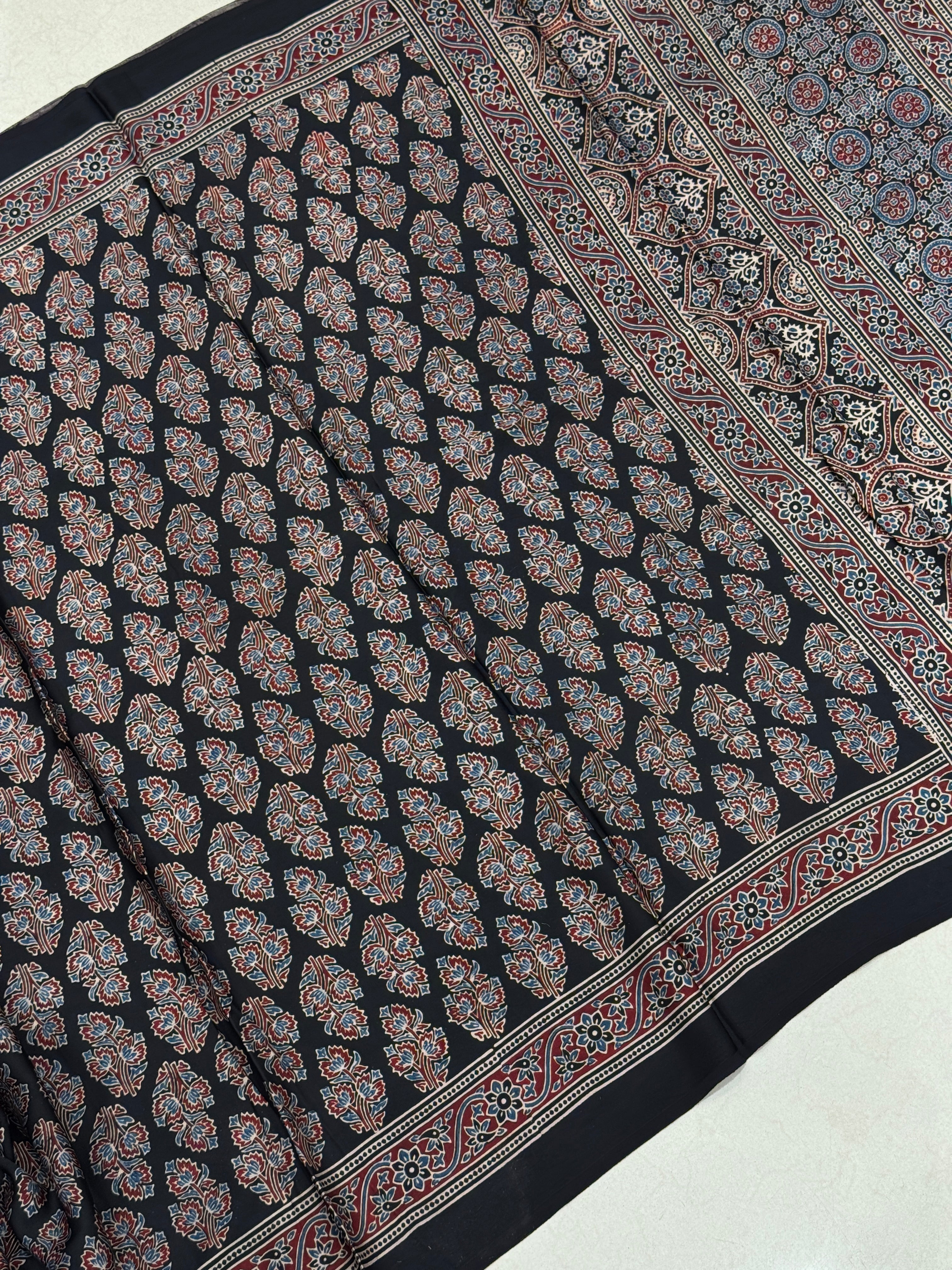 Black Tree Buttas Hand Block Print Ajrkah Pure Gajji Silk Saree