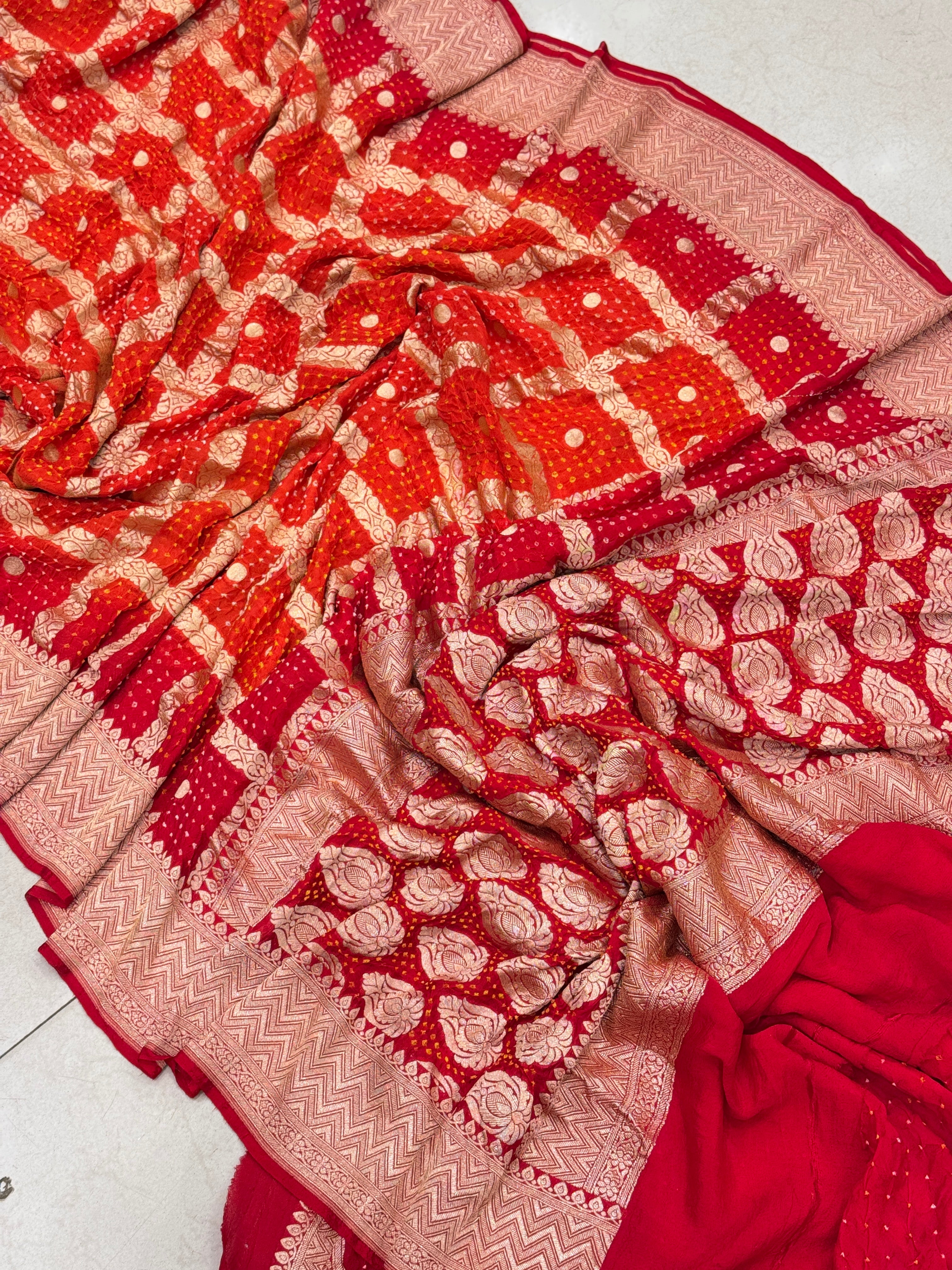 Orange Red Shaded Bandhej Bandhini Saree