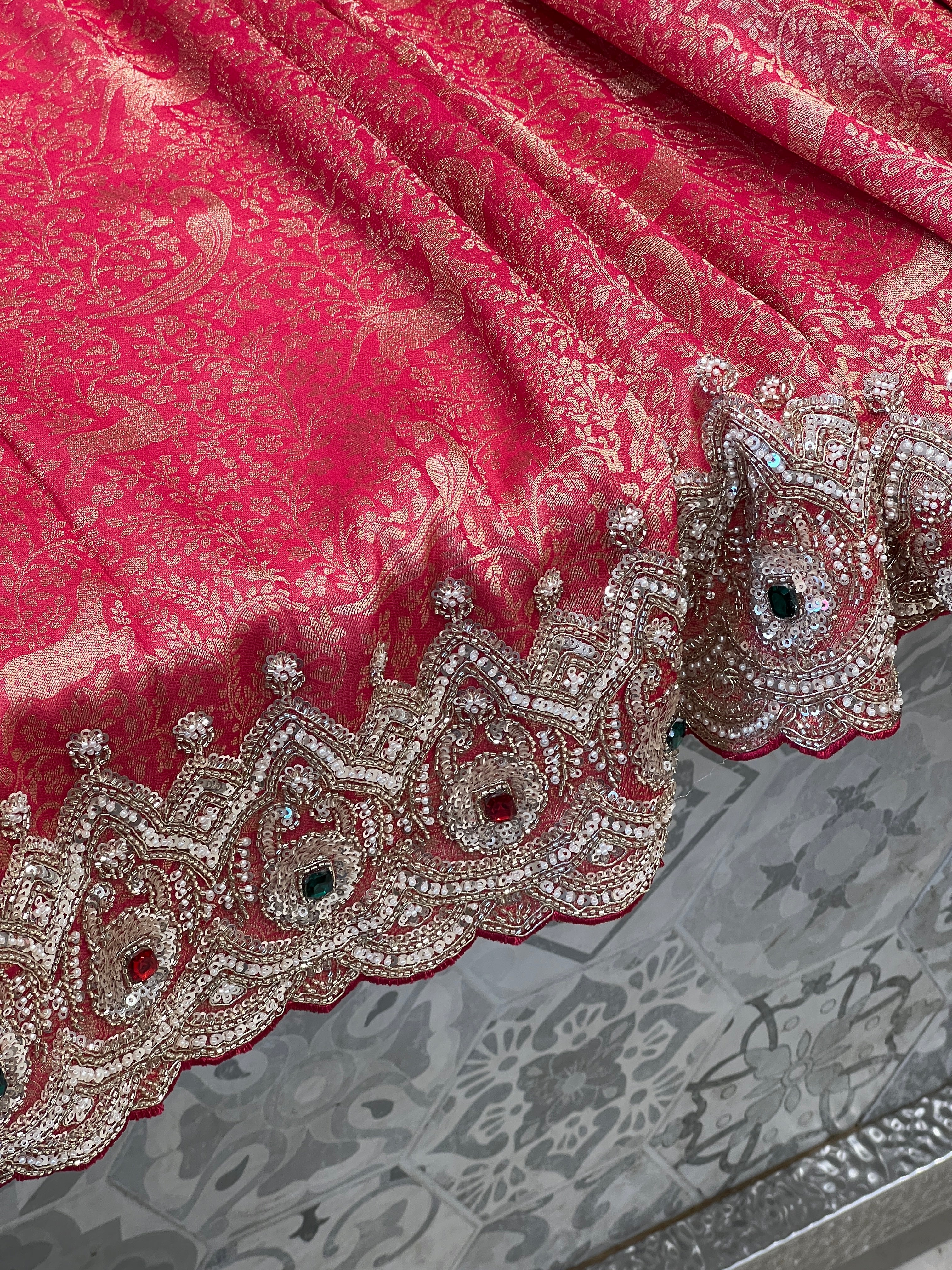 Reddish Rani Tissue Crepe Shikara Style Weave Crystal Embroidery Saree
