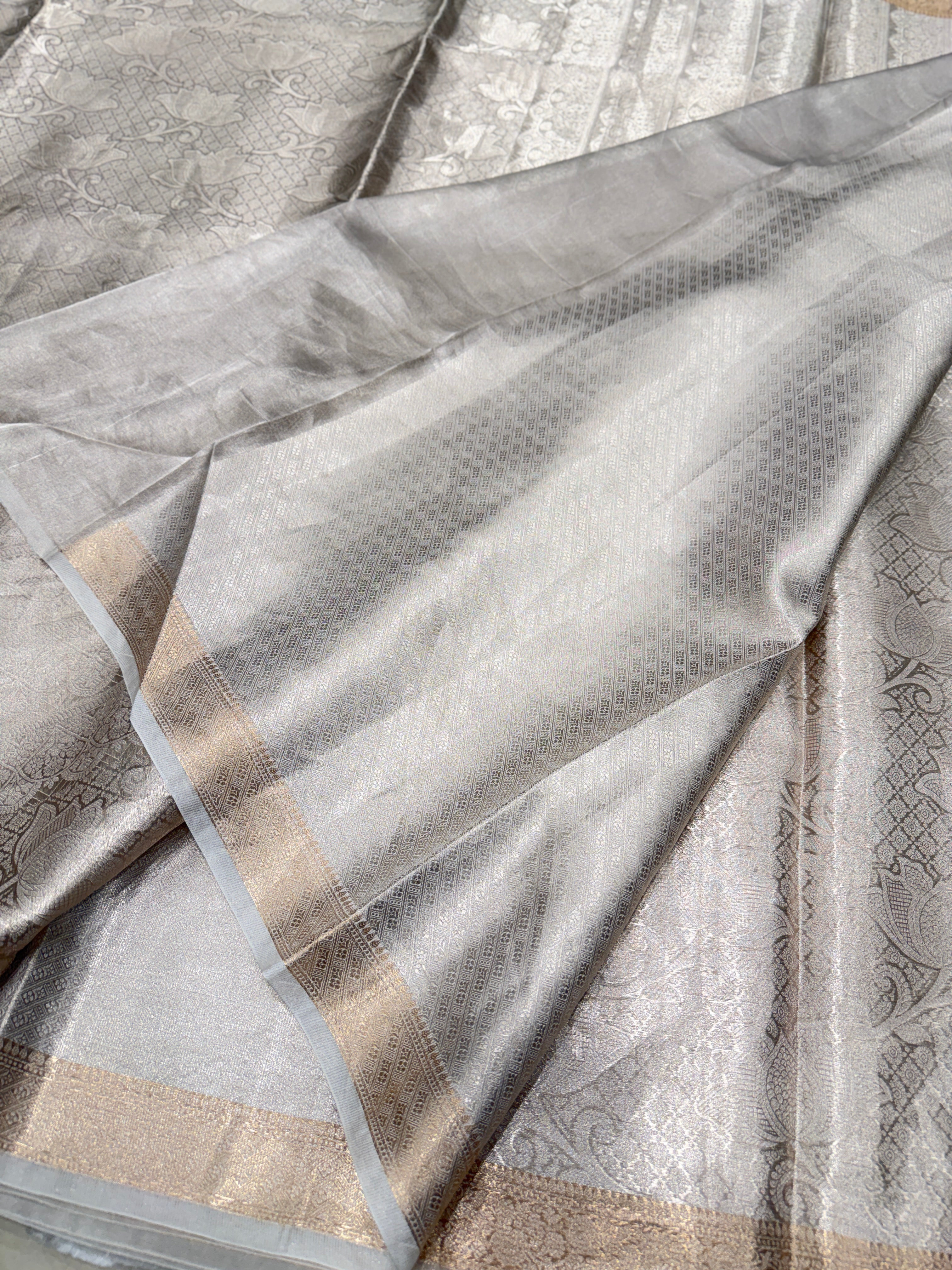 Silver Pure Woven Double Tissue Brocade Silk Saree