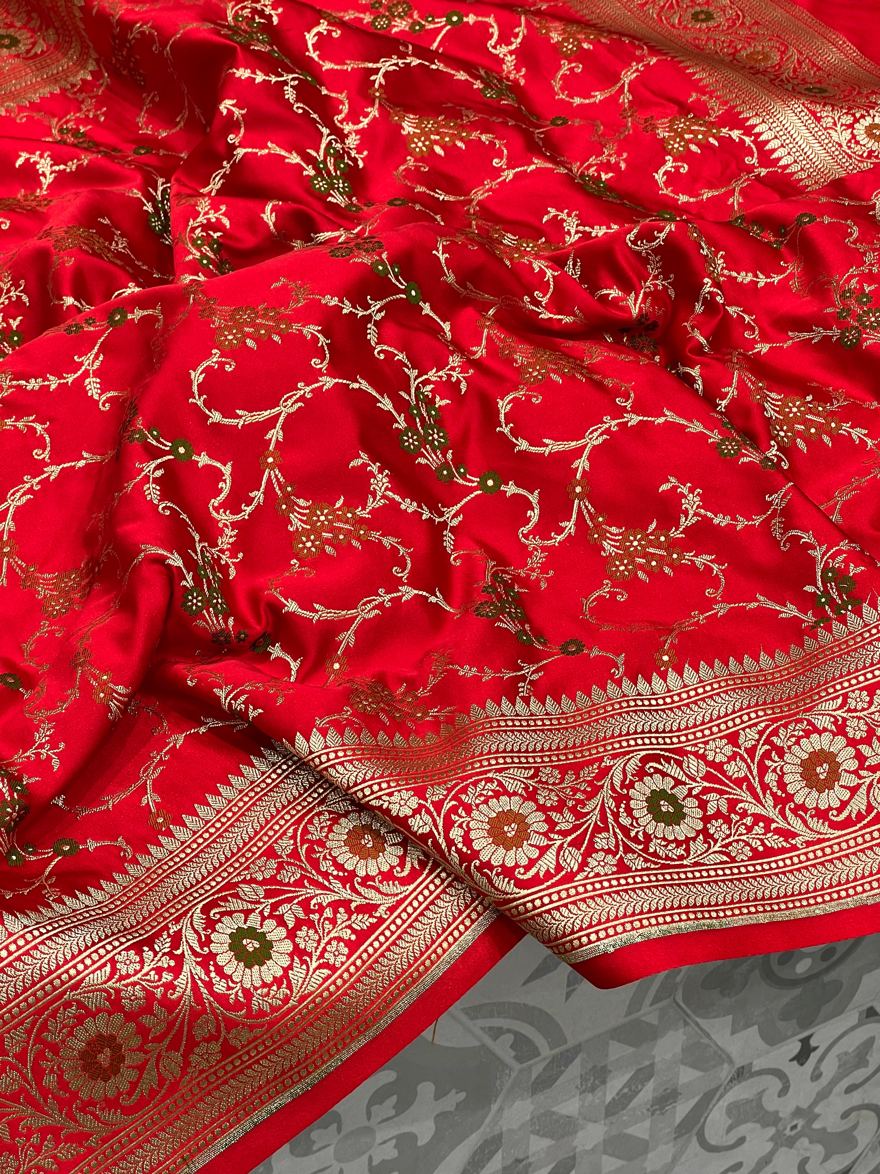 Red Banarasi Silk Jaal Meenakari Saree