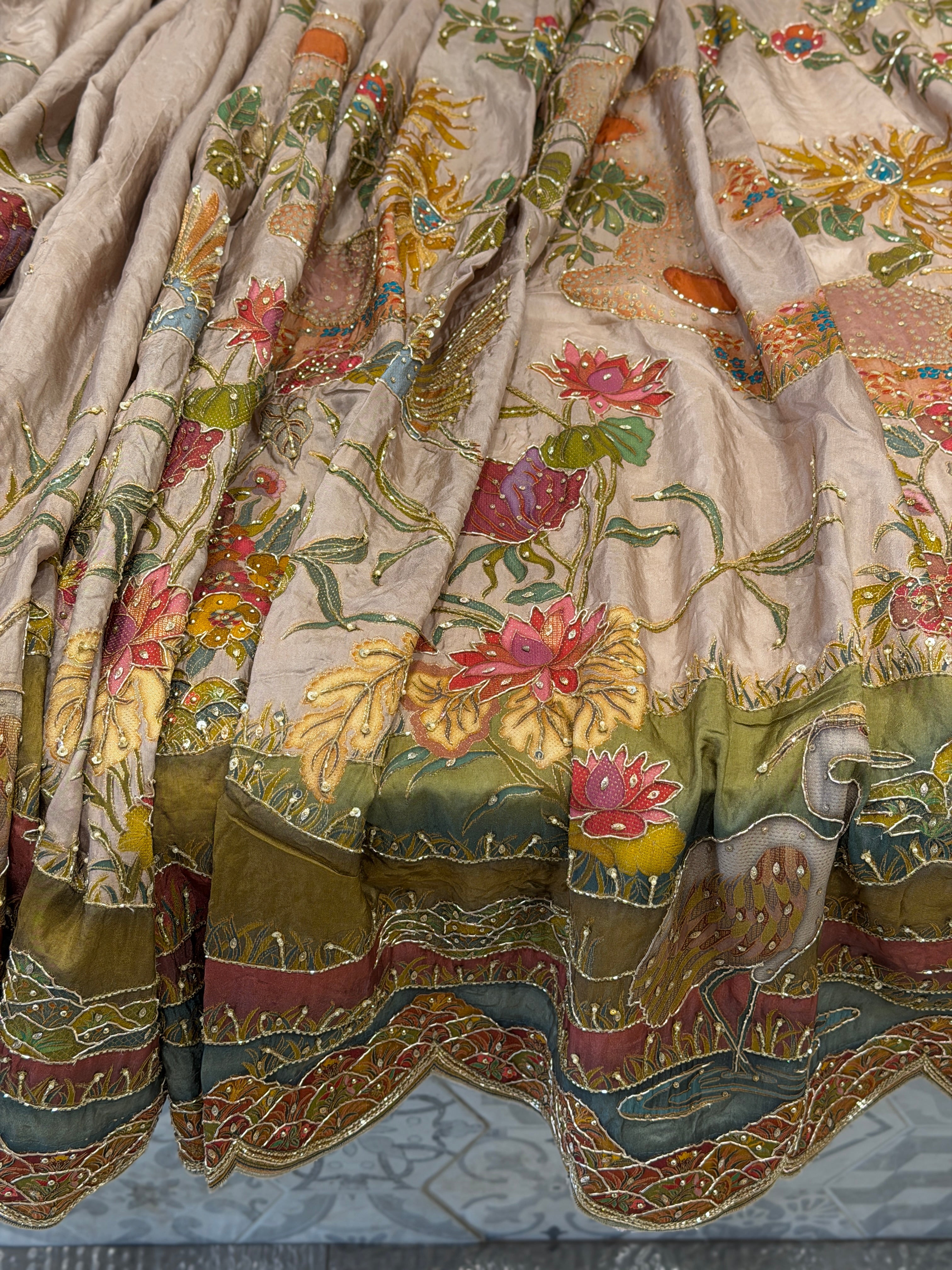 Champagne Munga Landscape Hand Embroidery Saree