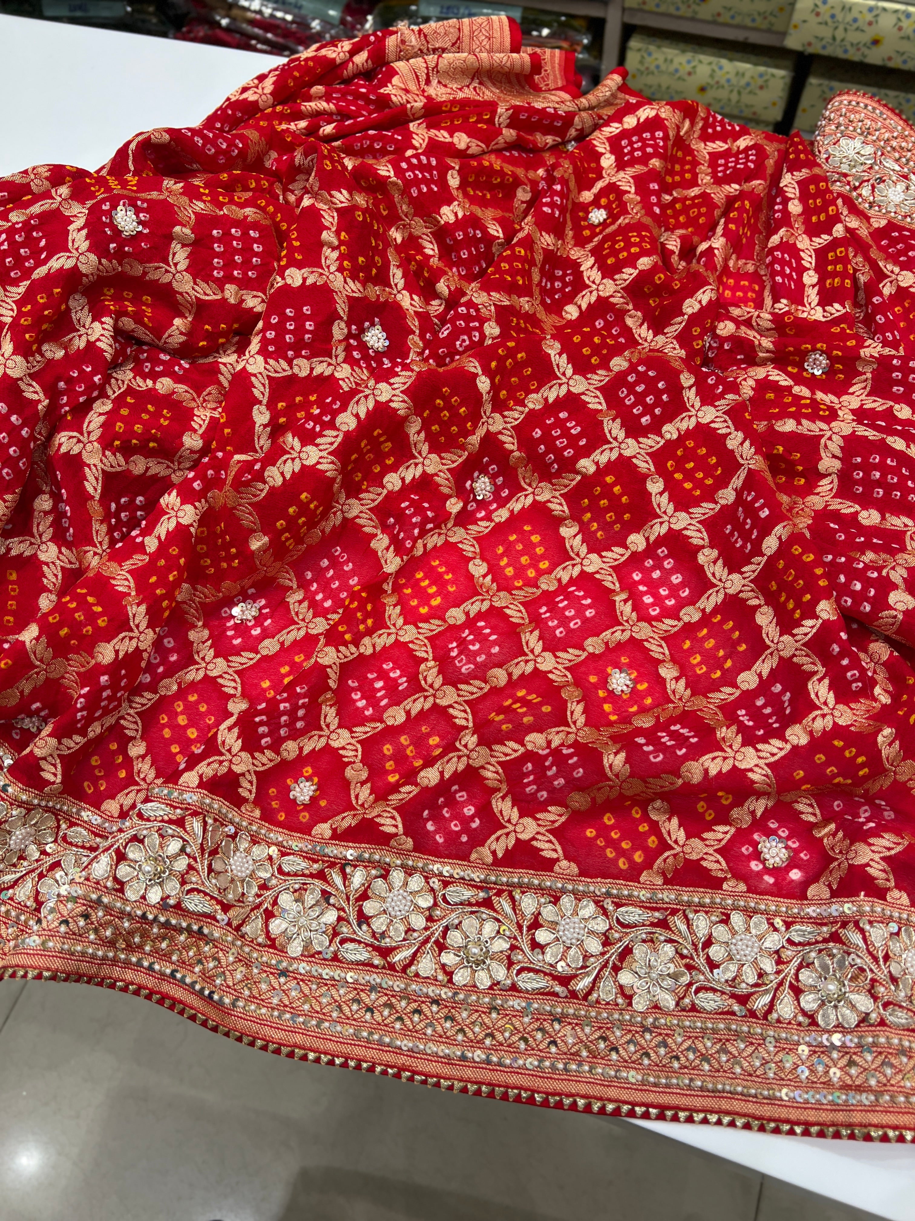 Red Criss Cross Bandhej Hand Embroidery Saree