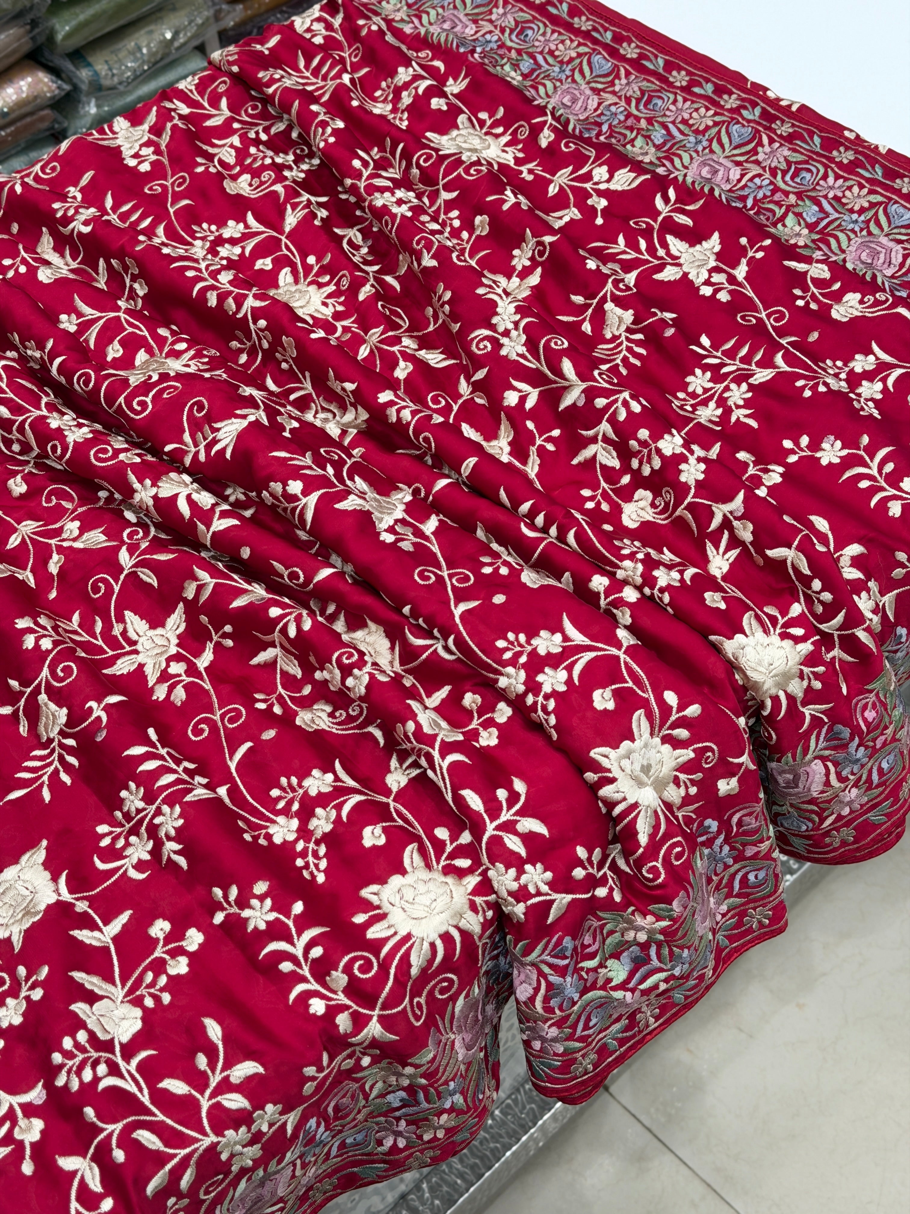 Crimson Crepe Floral Multi Resham Border Parsi Gara Saree