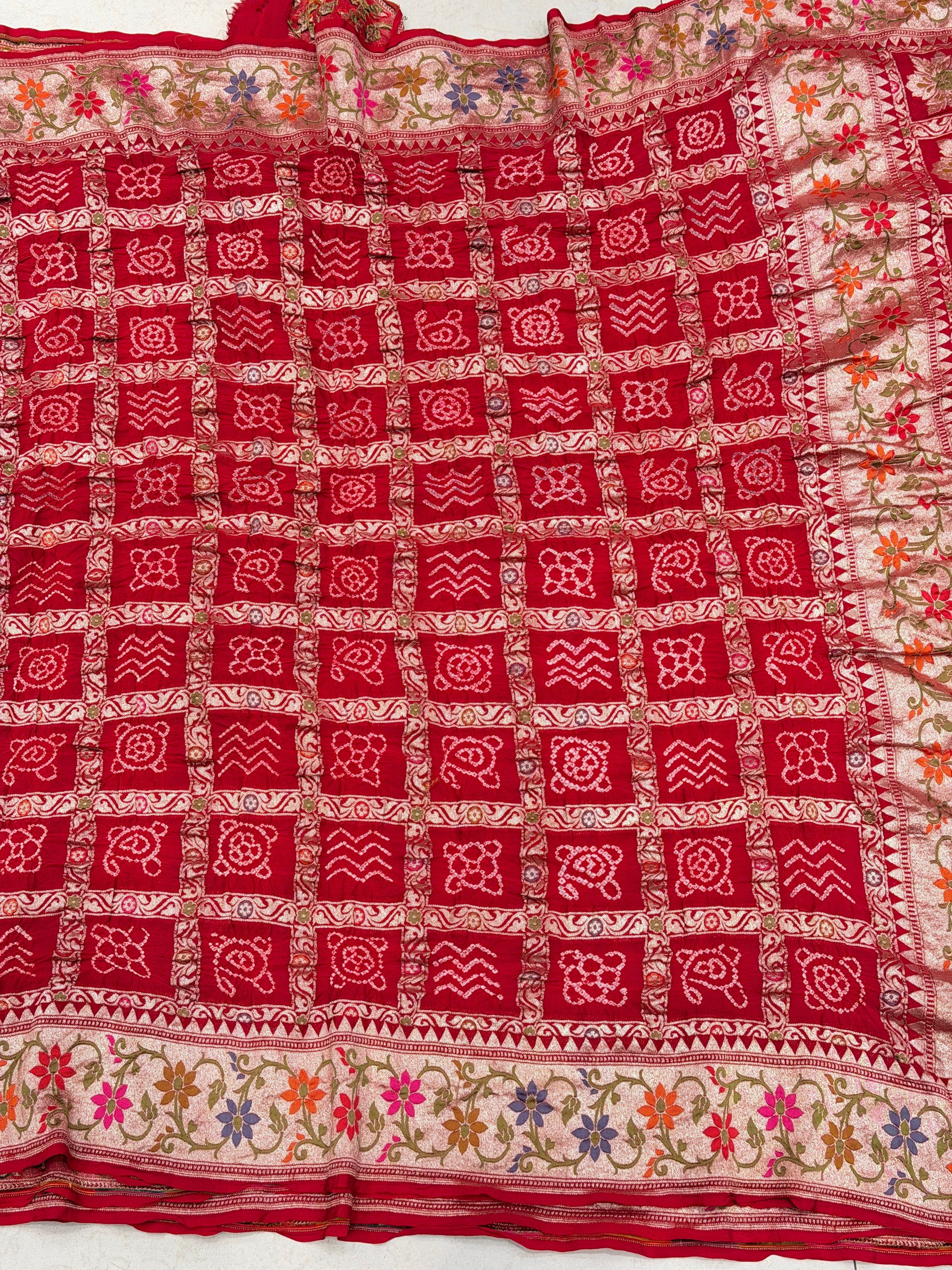 Red Gharchola Bandhej Meenakari Pure Georgette Rai Bandhej Saree