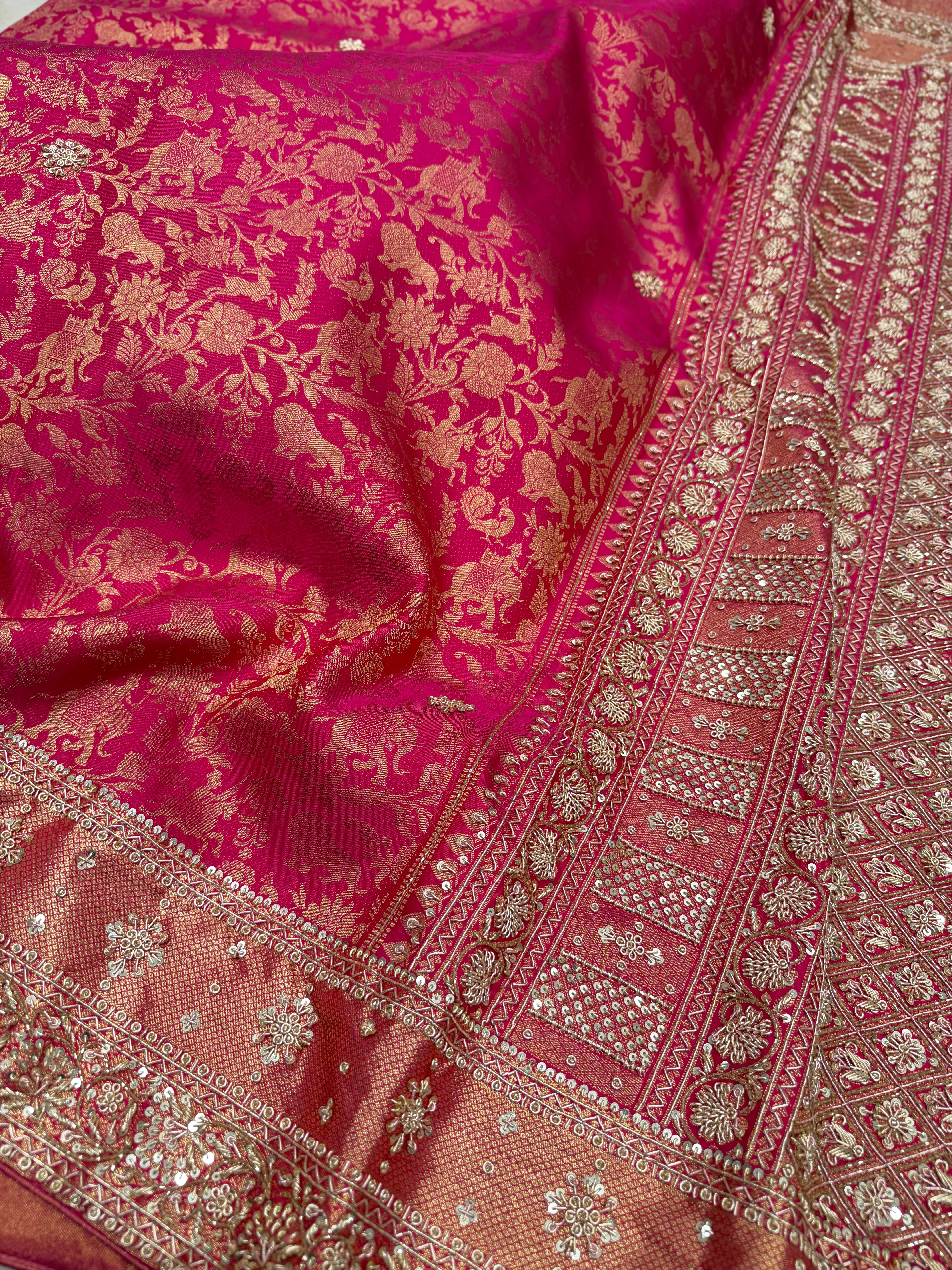 Rani Pink Shikara Kanjivaram Hand Embroidery Zardosi Saree
