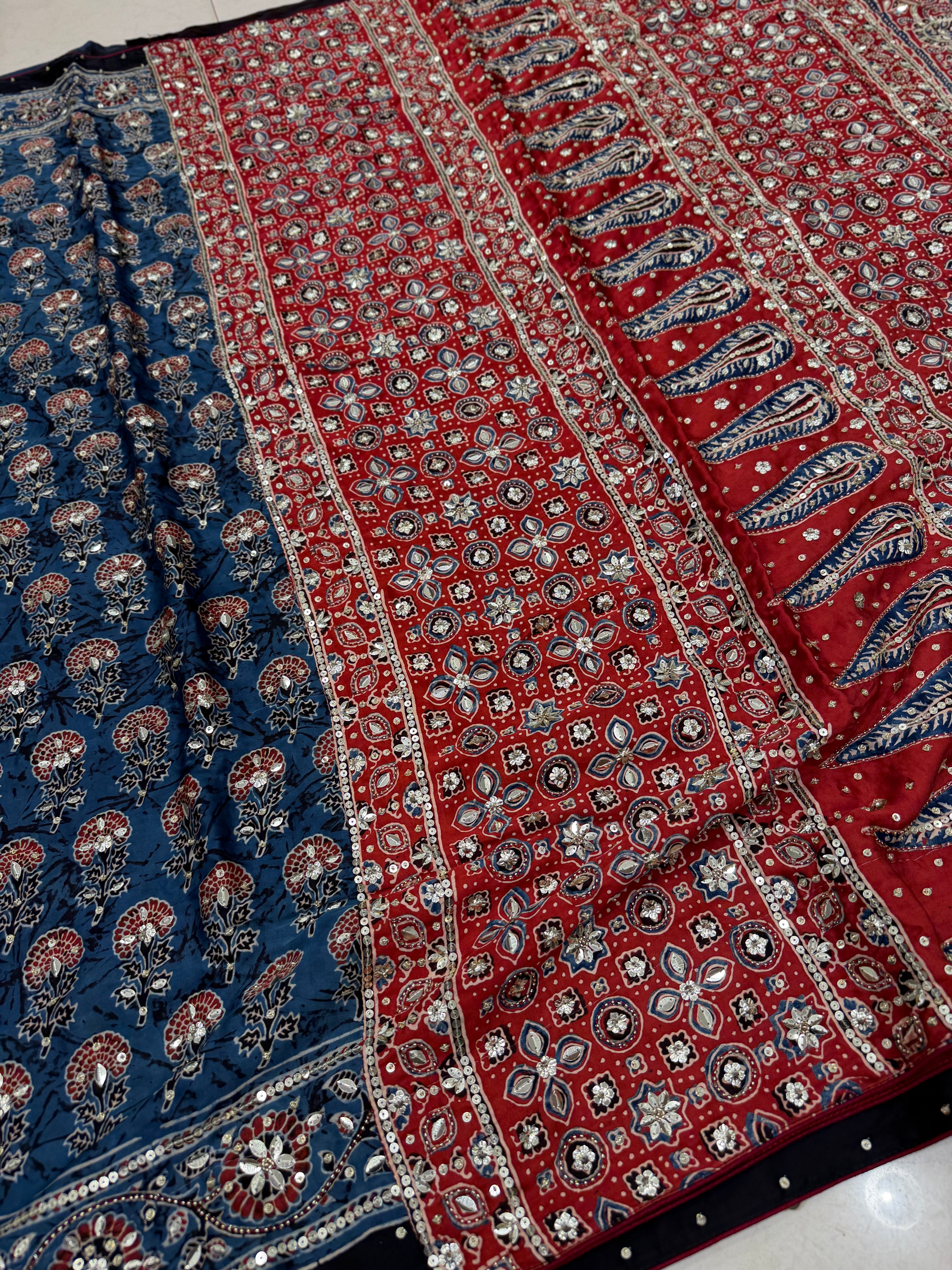 Blue Red Buttas Ajrakh Sequin Moti Hand Embroidery Saree