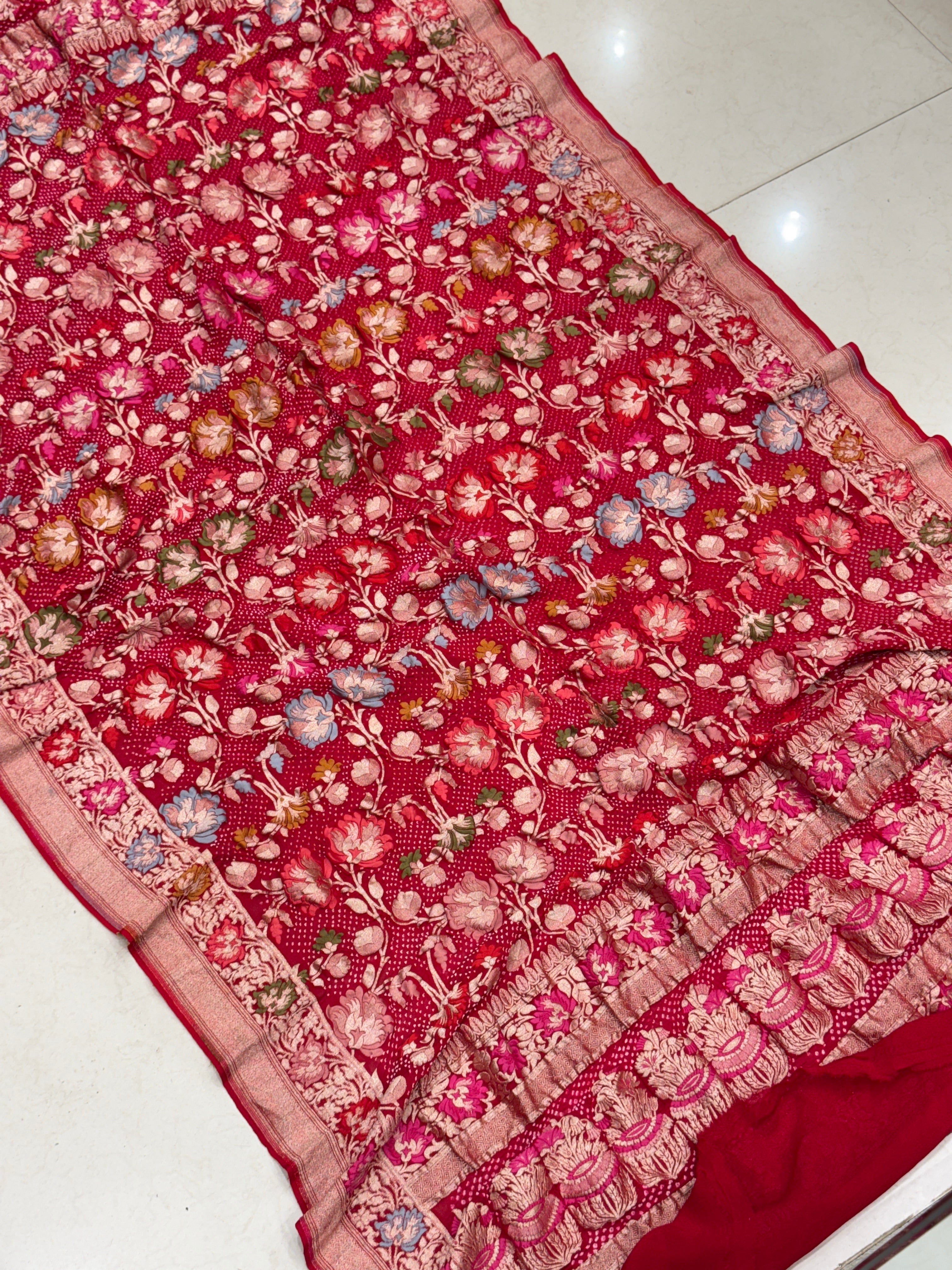 Red Jaal Handloom Meenakari Rai Bandhej Pure Zari Dupatta