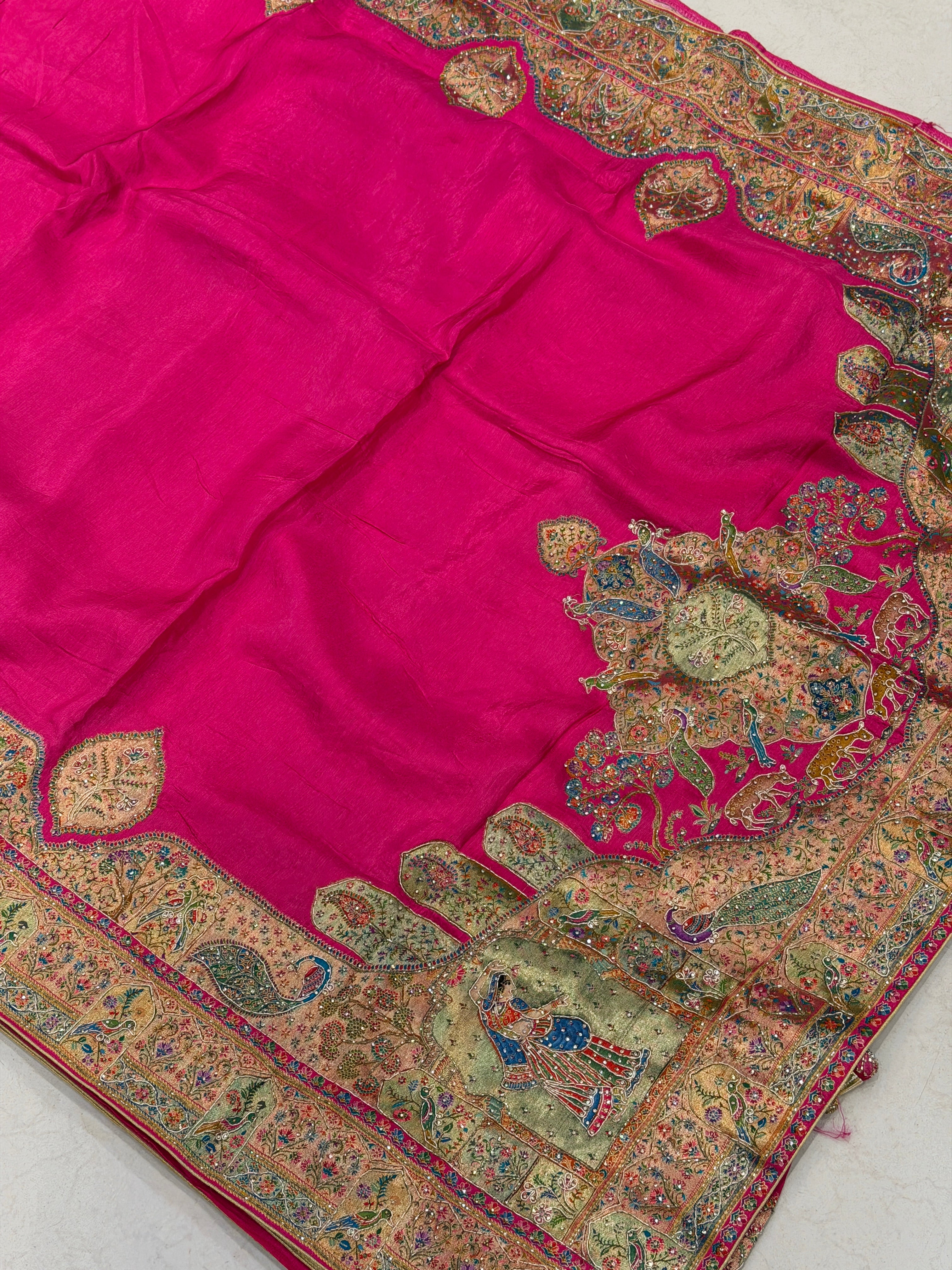 Rani Pashmina Plain Body Hand Embroidery Zardosi Border Saree