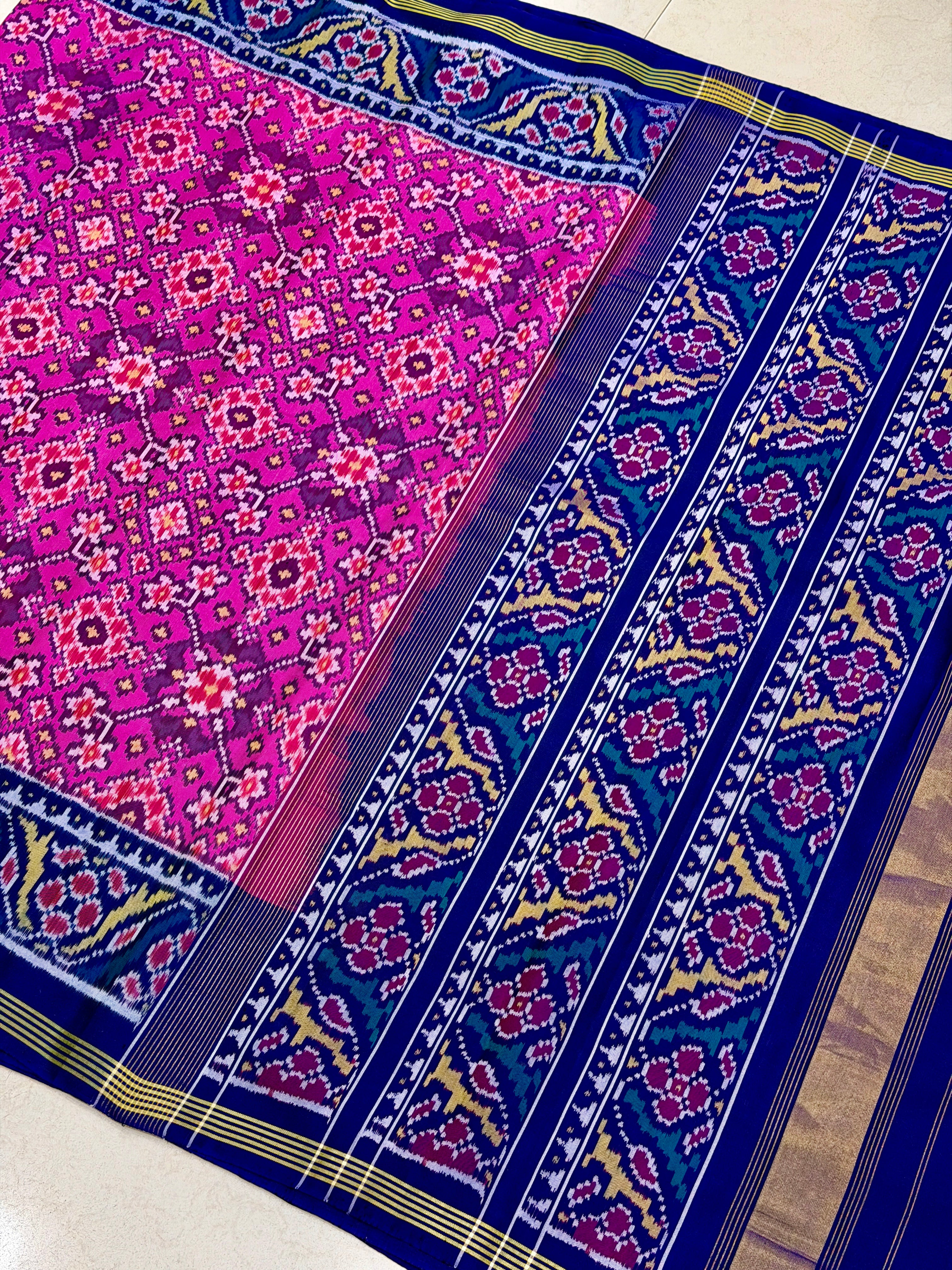 Rani Pink Blue Manek Chowk Pure Silk Handloom Patola Saree