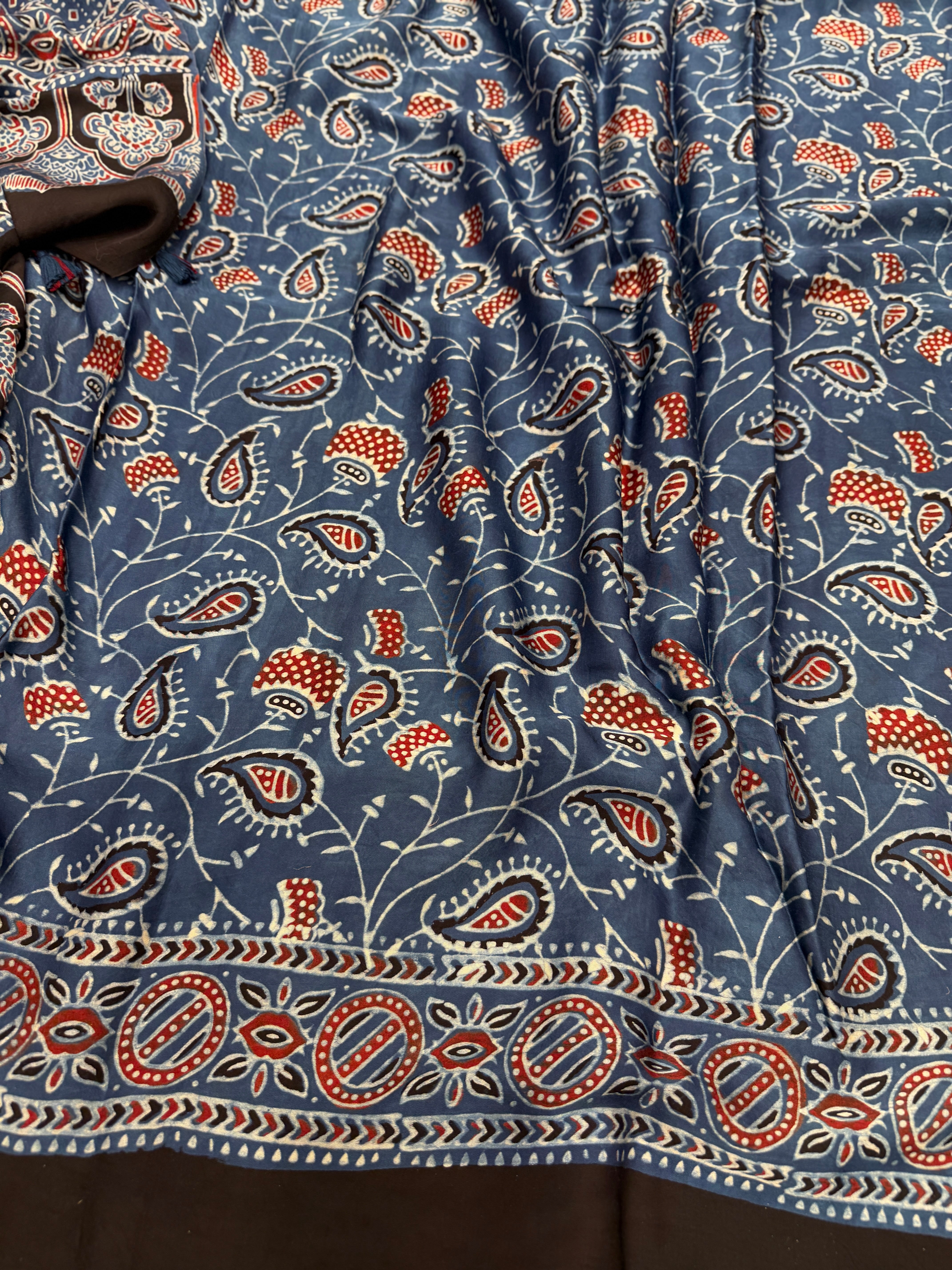Blue Star Butti Ajrakh Hand Block Print Pure Modal Silk Saree
