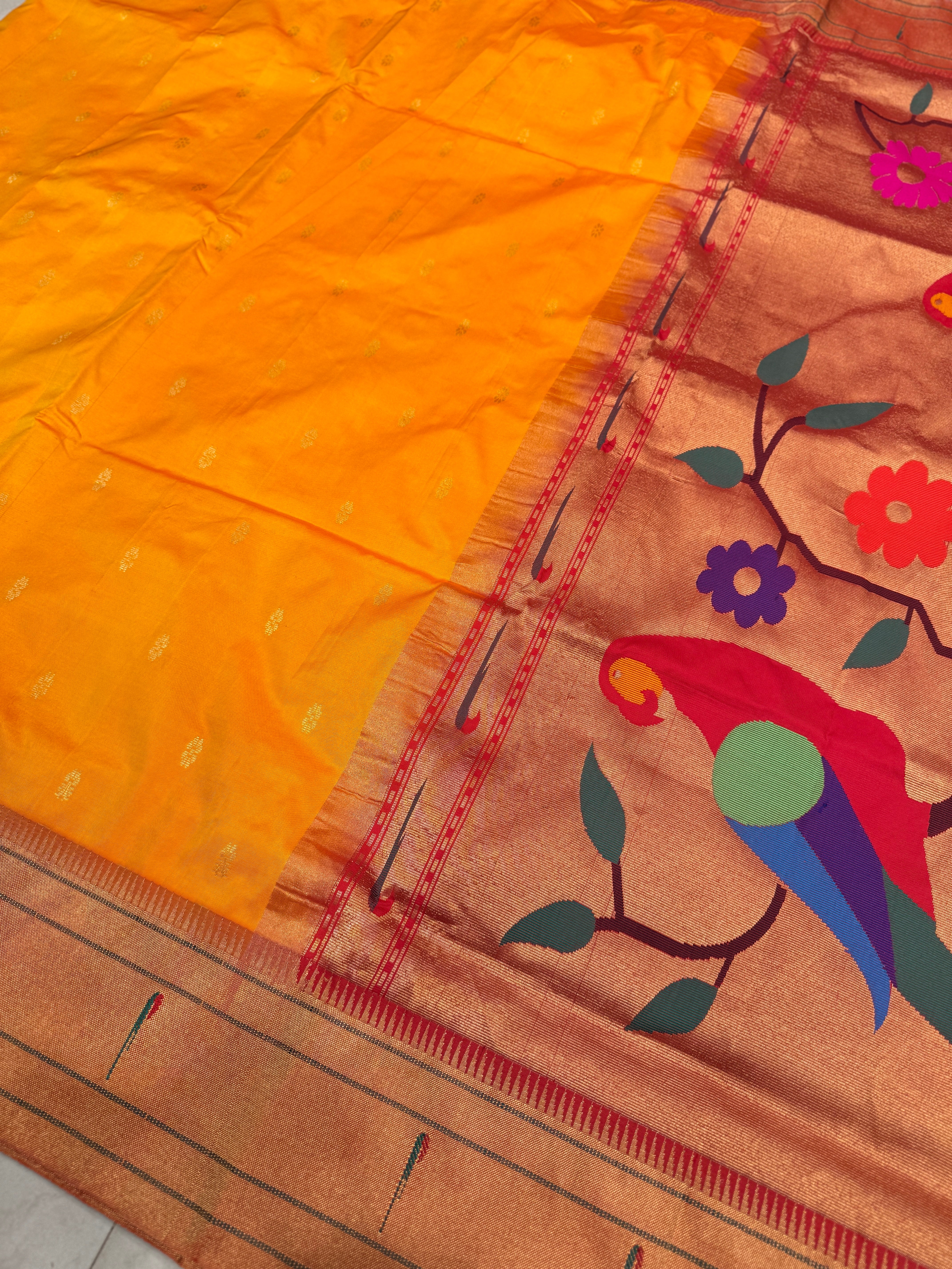 Yellow Muniya Pure Silk Handloom Paithani Saree