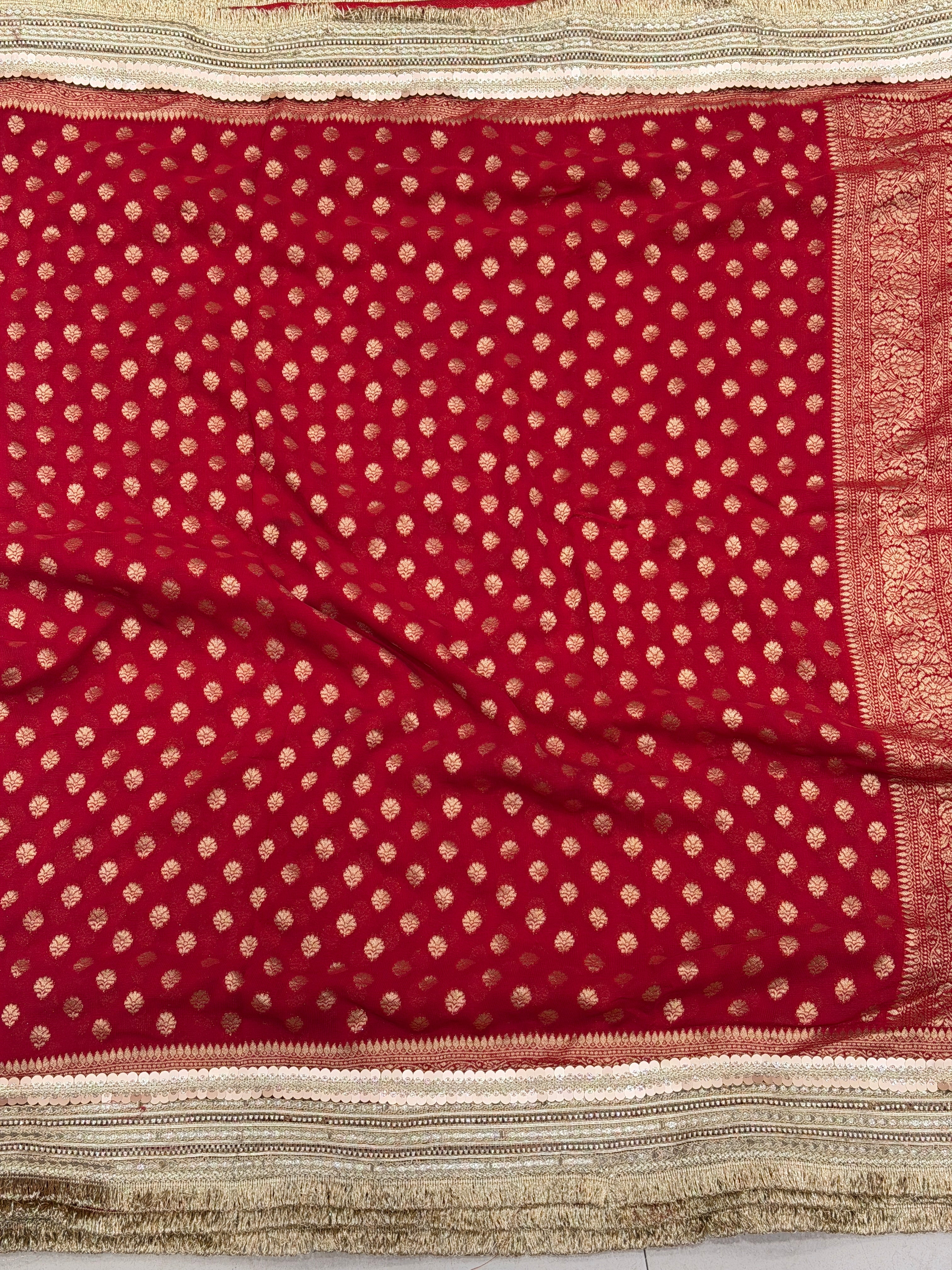 Red Banarasi Khaddi Georgette Buttis Maharani Lace Saree