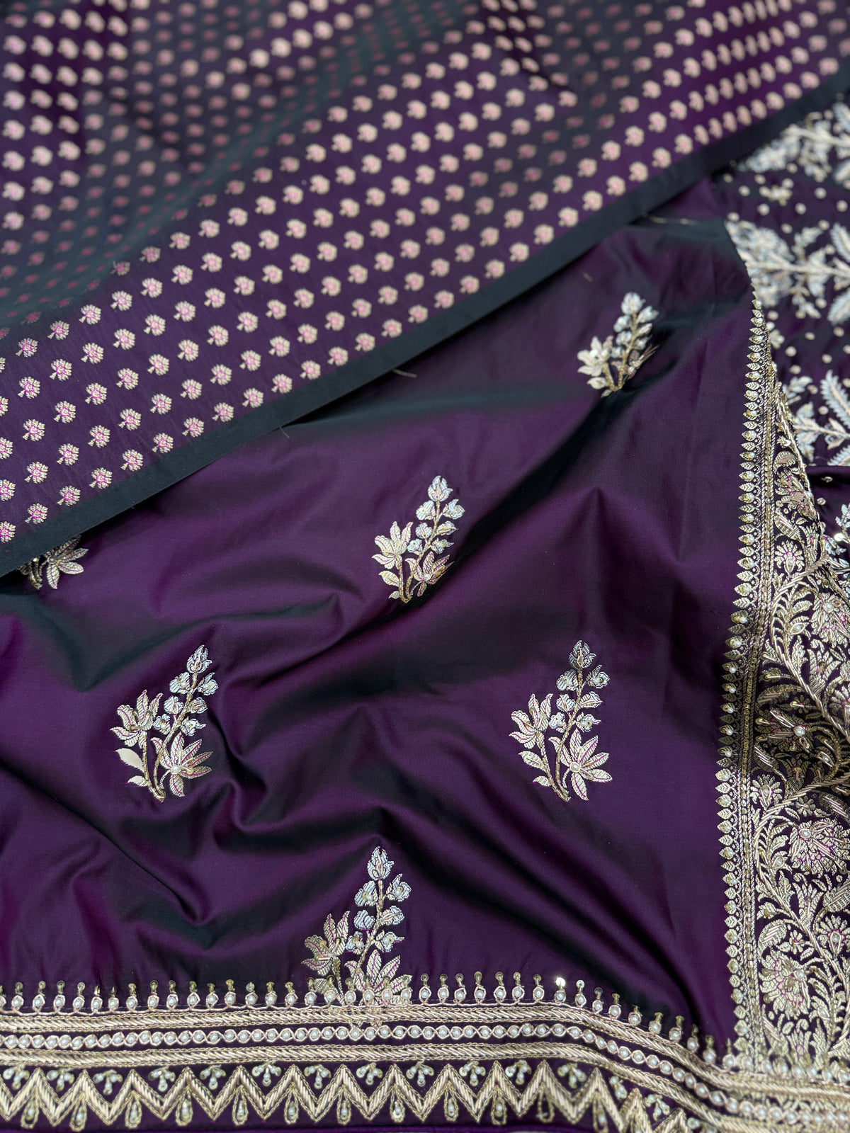 Cross Violet Banarasi Zardosi Hand Embroidery Border Pallu Saree