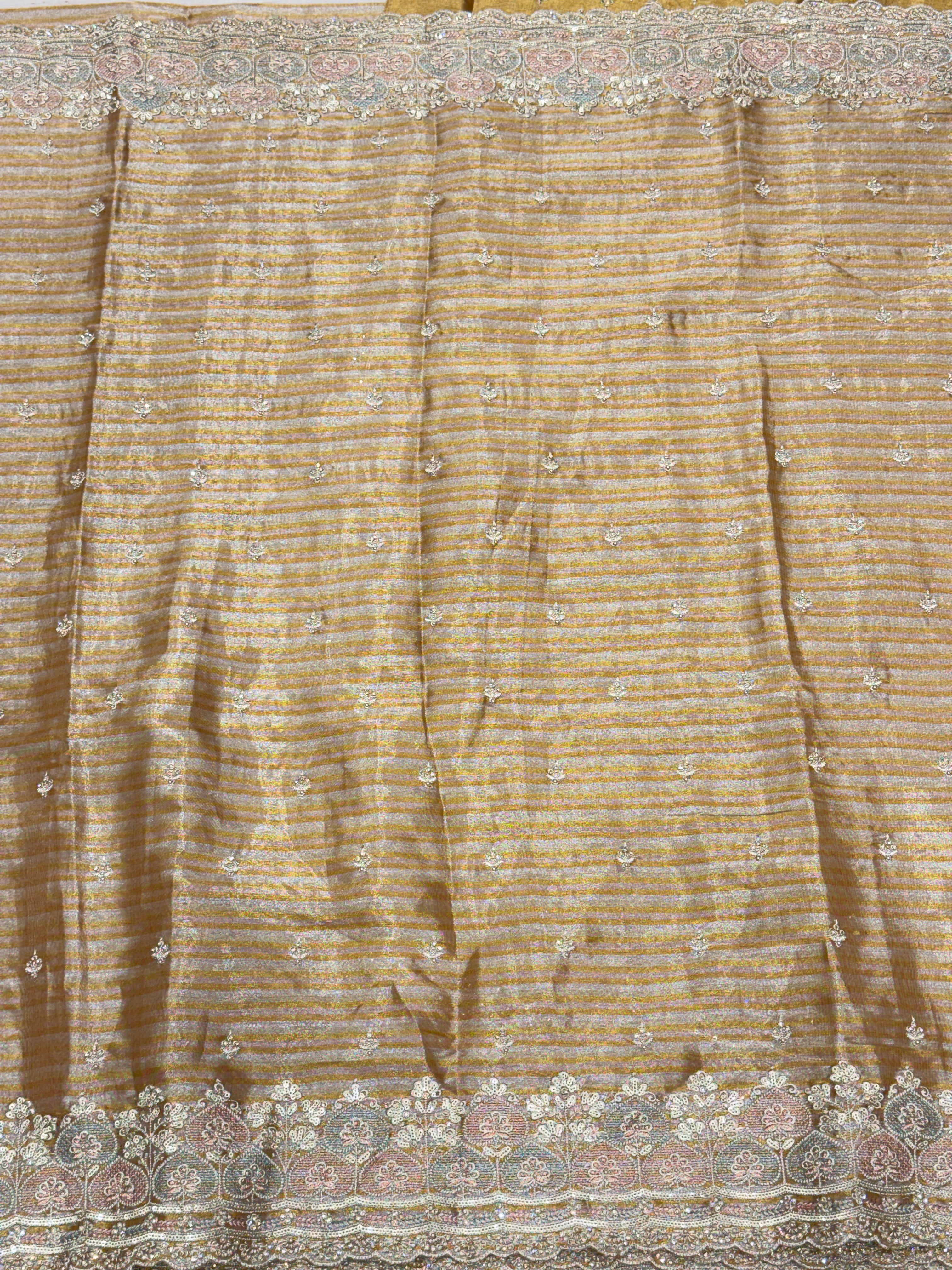 Golden Silver Soft Tissue Meenakari Pita Embroidery Saree